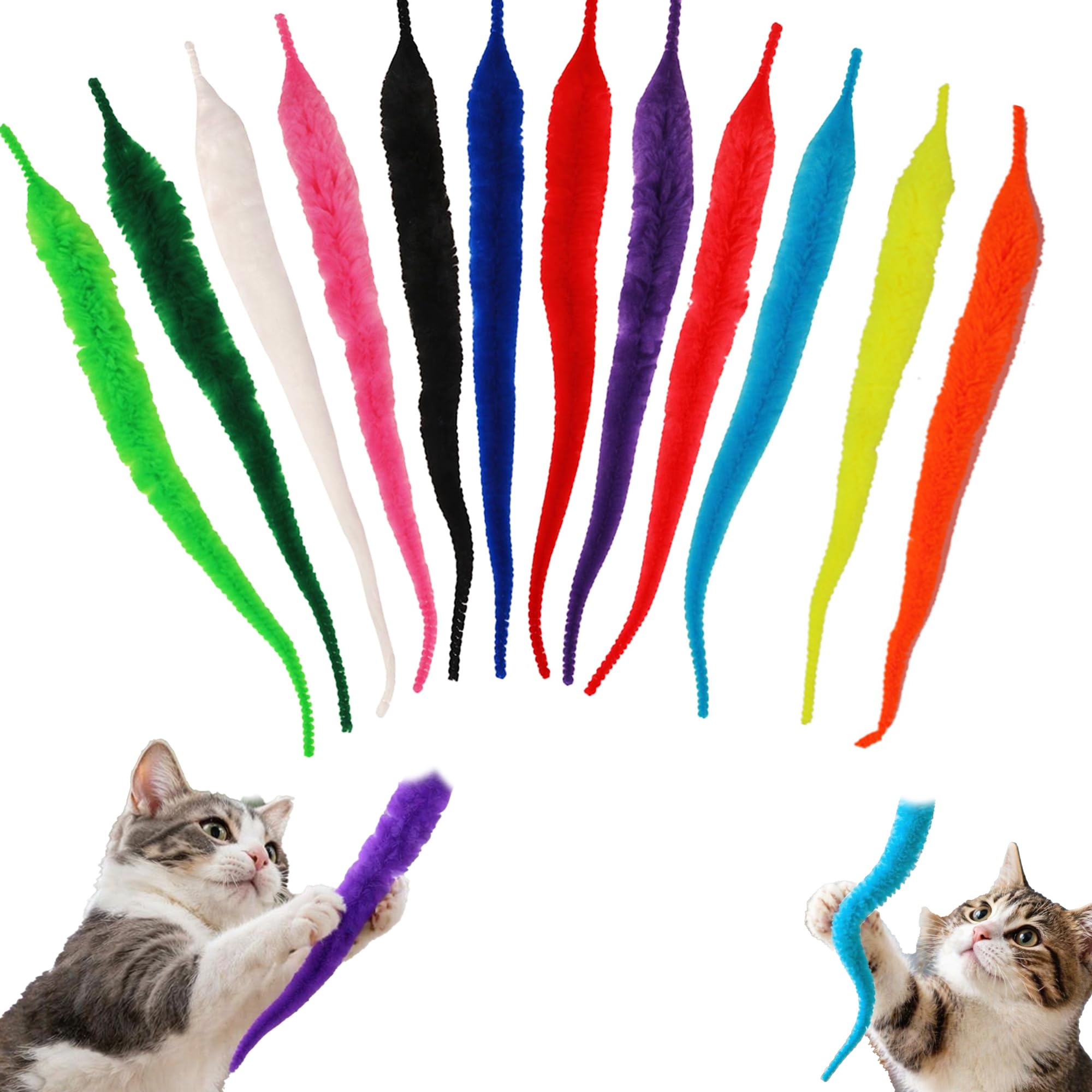 ZIOYANE 12-Pack Cat Wand Toy Replacement Refills, Assorted Colour Furry Caterpillar Worm Toys, Interactive Pet Play Accessories for Kittens & Adult Cats