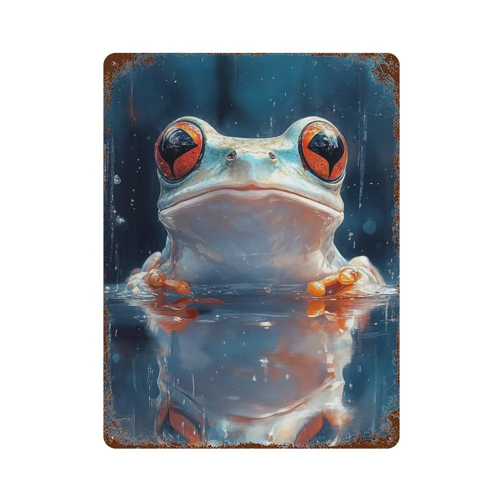 Frog in Water with Rain Effect Rusty Metal Tin Sign 15.7"x11.8", Shabby Chic Decor for Garage, Bar And Workshop Decor