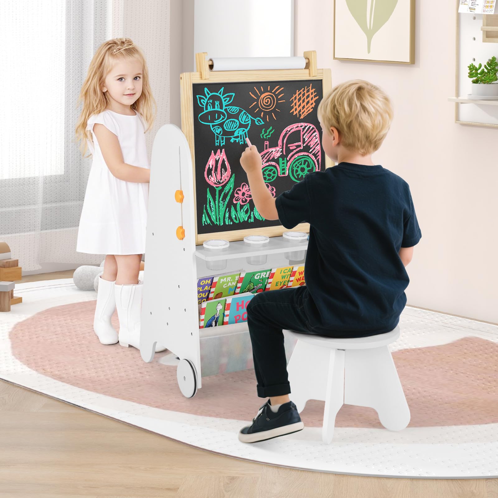 GOPLUS Table Enfant avec Chaise, 4 en 1 Tableau Enfant Double Face Amovible et Hauteur Réglable, avec Plateau Magnétique, Rouleau de Papier, Bibliothèque, Table à Dessin pour 3+ Ans