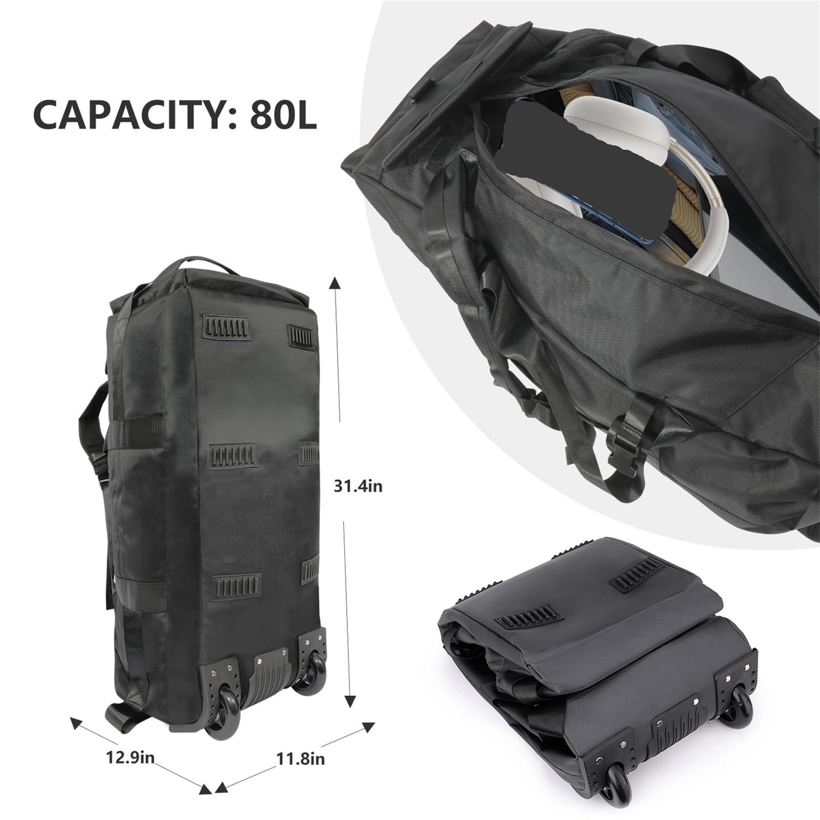 Borsone con Ruote Borsone da viaggio pieghevole 80 litri con ruote, resistente all'acqua, 31", tracolla(Black)