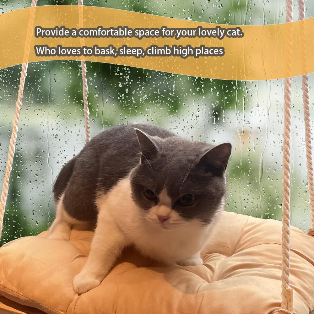 Cat Window Perch, Cat Window Rack with Gunny Rope and Thick Cushion, Wooden Cat Window Hammock, Furniture for Cats - Hanging Window Shelf for Cats