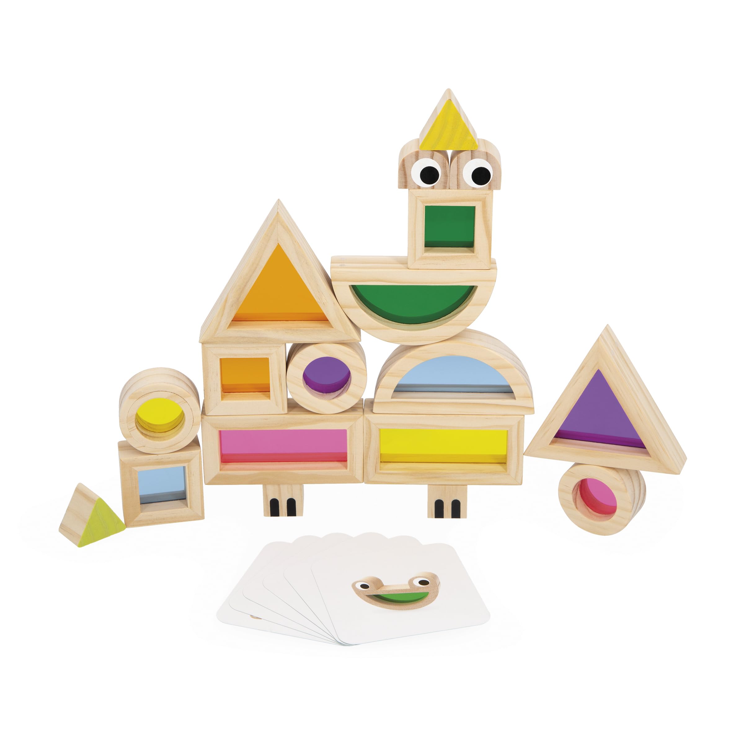 Janod, Wooden Building Blocks, Sensory Awakening Game, 18 Blocks and 6 Model Cards, Learning Shapes and Colours - Image 2