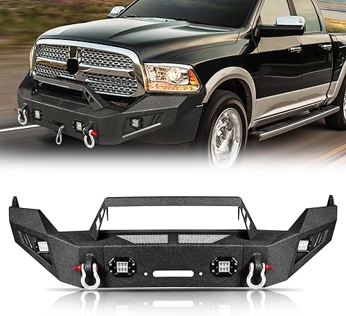 Miniatura 7 de Parachoques delantero todoterreno para RAM 1500 2013-2018, parachoques delantero de ancho completo 5 luces en D, barra de toro placa de cabrestante