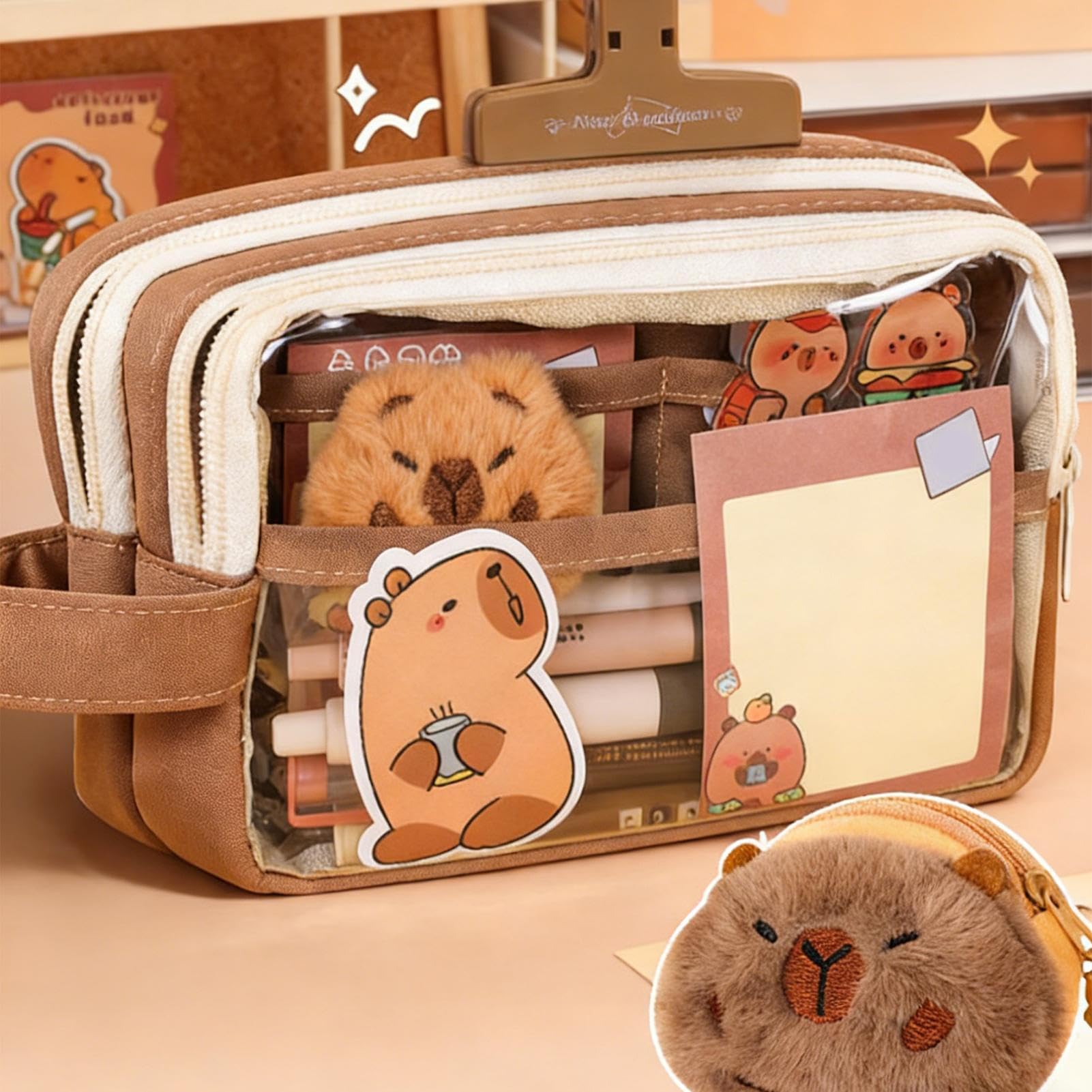 Generisch Estuche de lápices Capybara - Estuche múltiple con pegatinas | Bonito juego de papelería de animales | Para la escuela, enseñanza, habitación infantil, adolescentes, estudiantes, regalo de