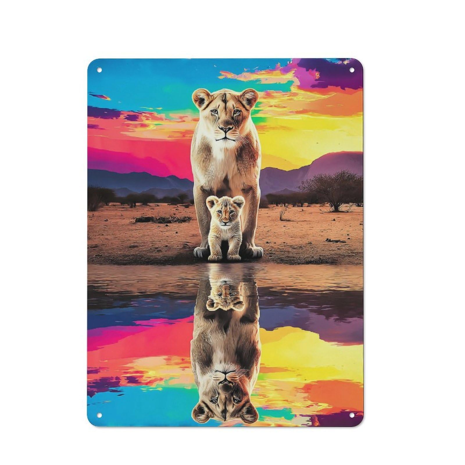 Junmoney Lioness And Cub Reflection Country Farmhouse Metal Sign 40X30cm, Farmhouse Wall Decor For Dining Room, Cafe, Entryway Or Family Room