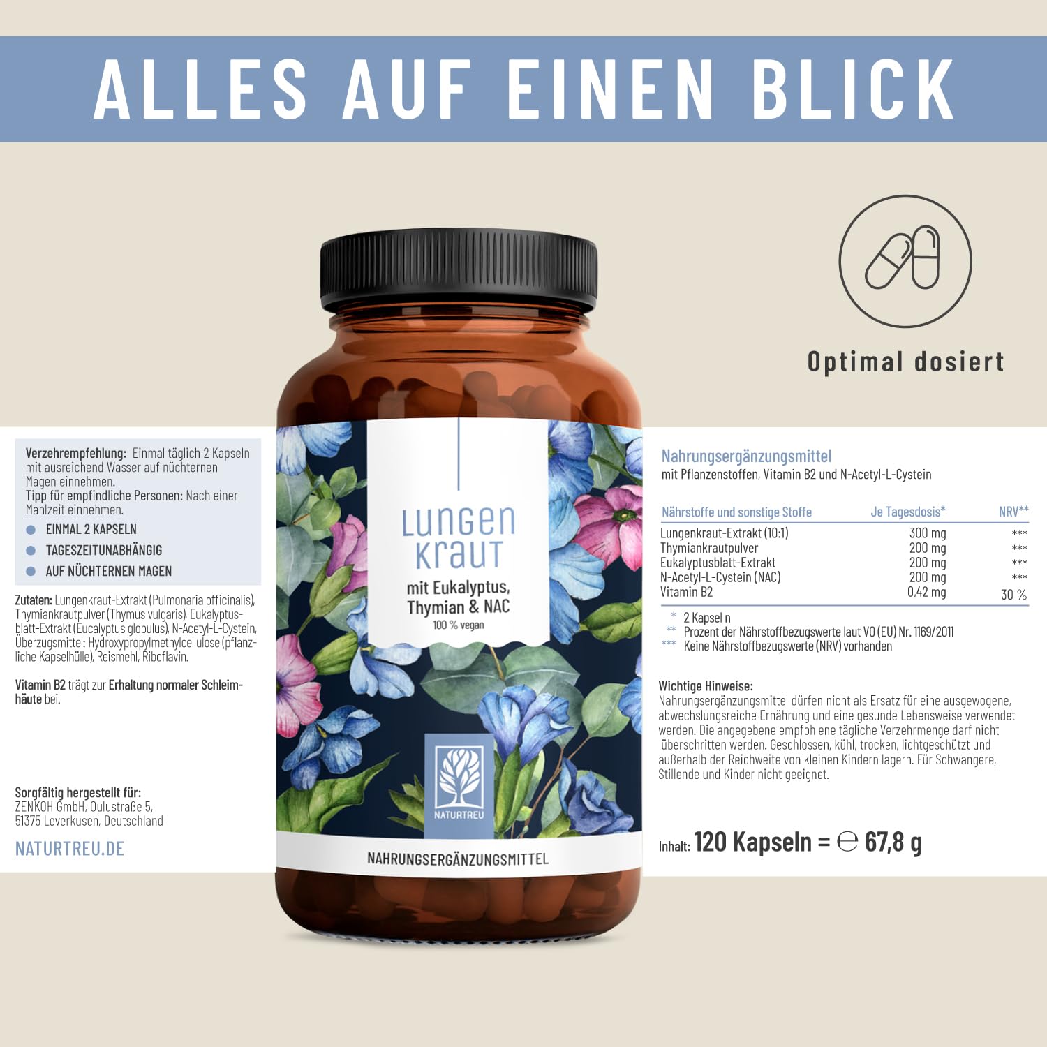 NATURTREU Lungenkraut Kapseln - Extrakt aus 3.000mg Lungenkraut pro Tagesdosis - Hochdosiert und optimal ergänzt mit Thymian, Eukalyptus, NAC & Vitamin B2 - Vegan & Laborgeprüft in Deutschland