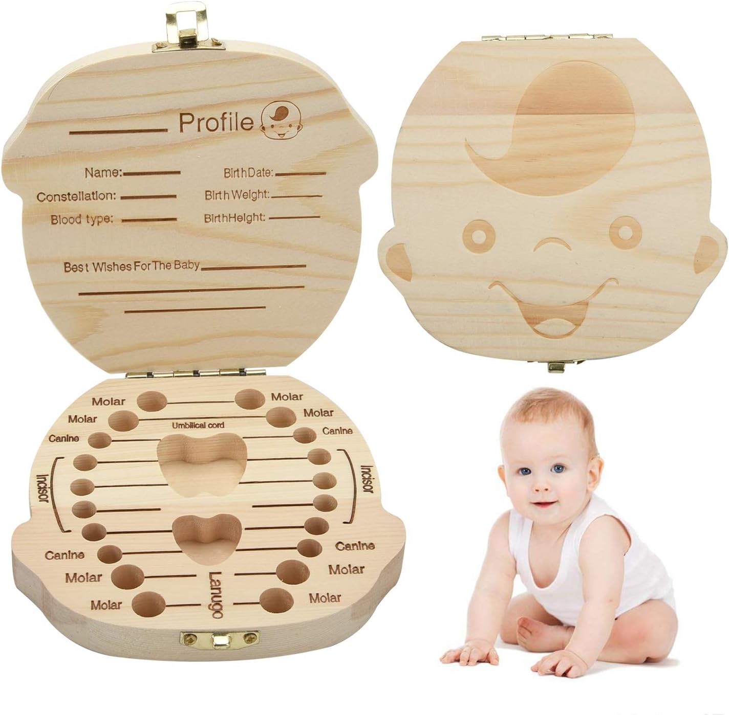 Baby Tooth Box, Baby Tooth Fairy, Wooden Kids Keepsake Organizer for Baby Teeth, Tooth Holder for Kids, Baby Shower & Birthday Gift