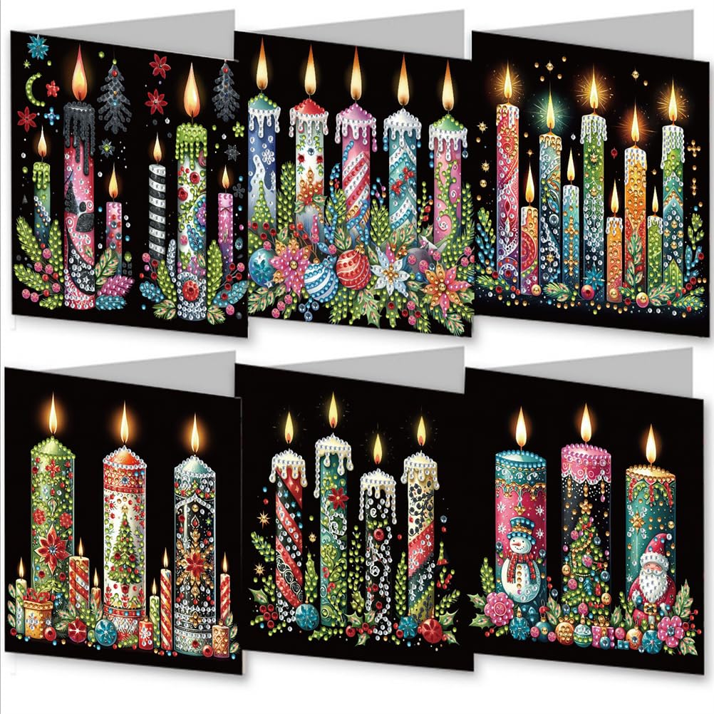 Meecaa Candle Santa Claus Snowman 6pcs Handmade 5D Diamond Painting Christmas Greeting Cards for Adults, DIY Diamond Art Postcards for Friends Family Lover Gift (15CMx30CM) (Candle)