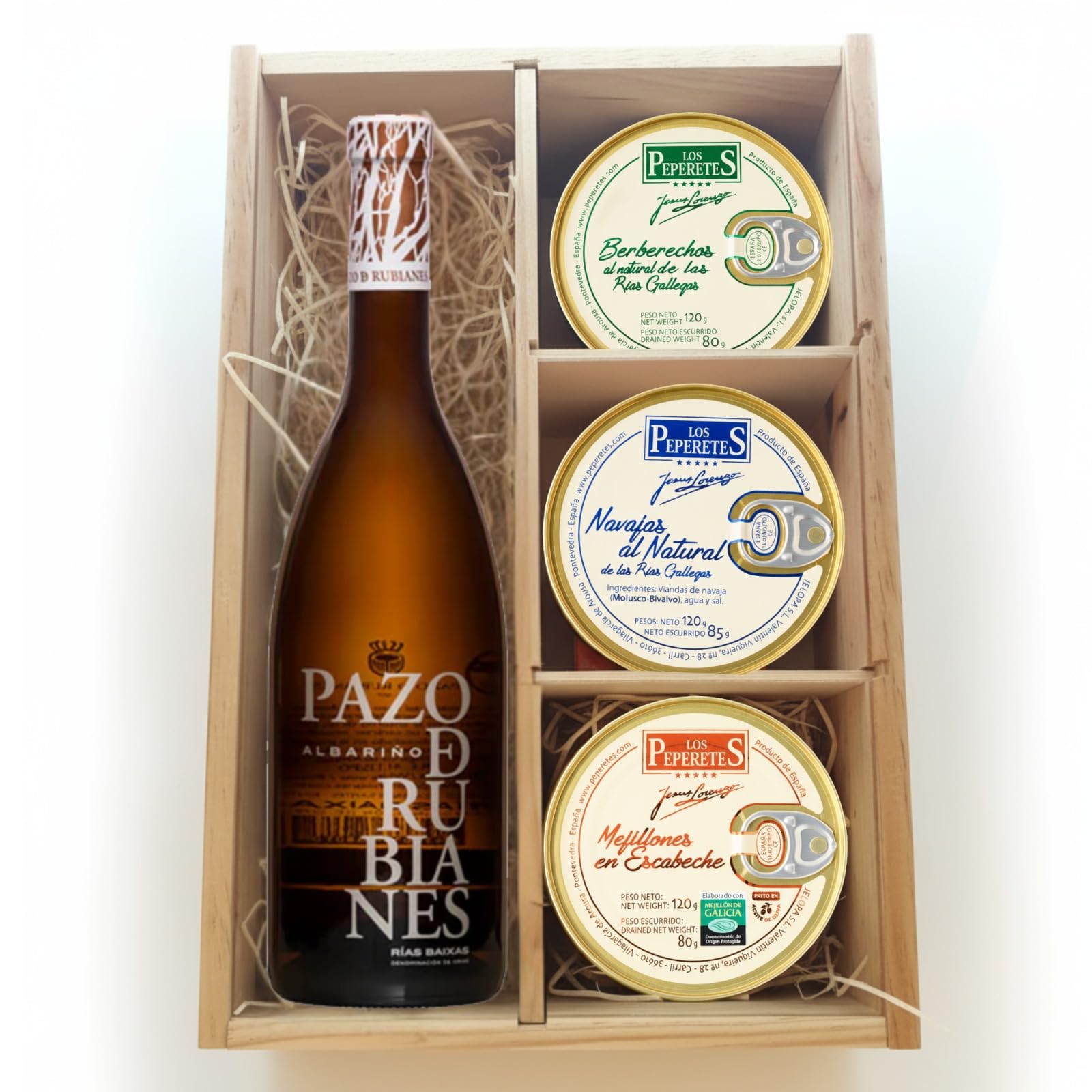 LOS PEPERETES & PAZO DE RUBIANES Caja Gourmet | Vino Albariño + 2 Latas de Berberechos al Natural, 2 de Navajas al Natural y 2 de Mejillones en Escabeche | Regalo Gourmet Gallego Artesanal