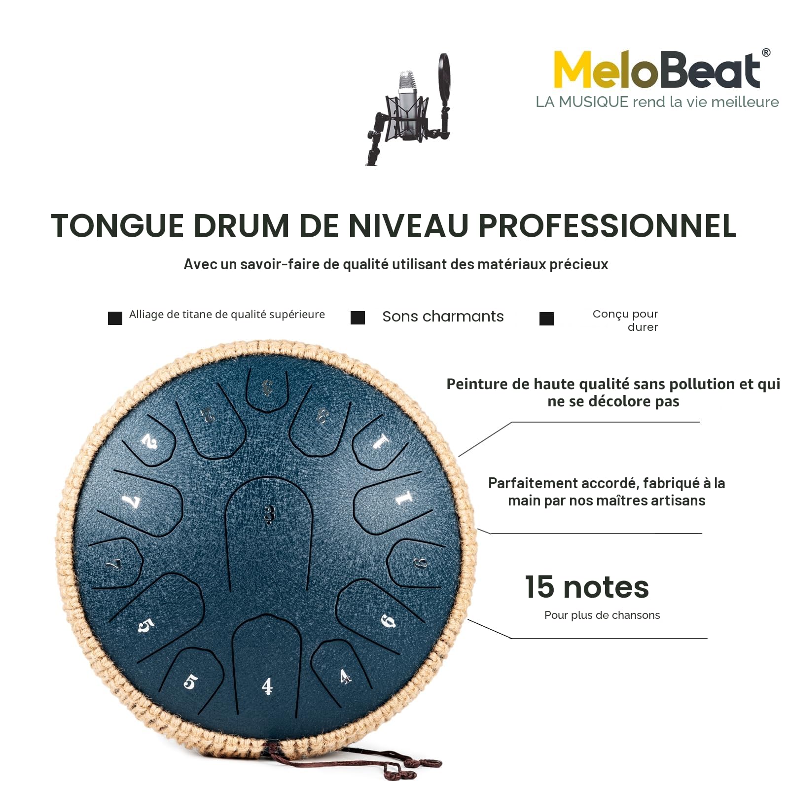 MeloBeat Tongue Drum Handpan - Tambour à Langue 13 Pouces 15 Notes - Ensemble Professionnel de Tambour a Langue en Acier en Ré Majeur Inclus Livre de Chansons de Tambour à Langue, D key (Bleu Foncé)