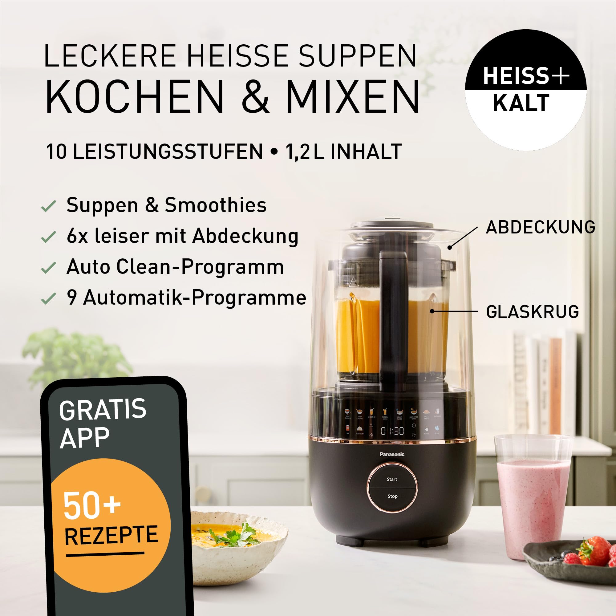 Panasonic MX-HG4401KXE Standmixer 1.2 l 800W Leiser Mixer Heiß & Kalt 9 Programme Schwarz Roségold