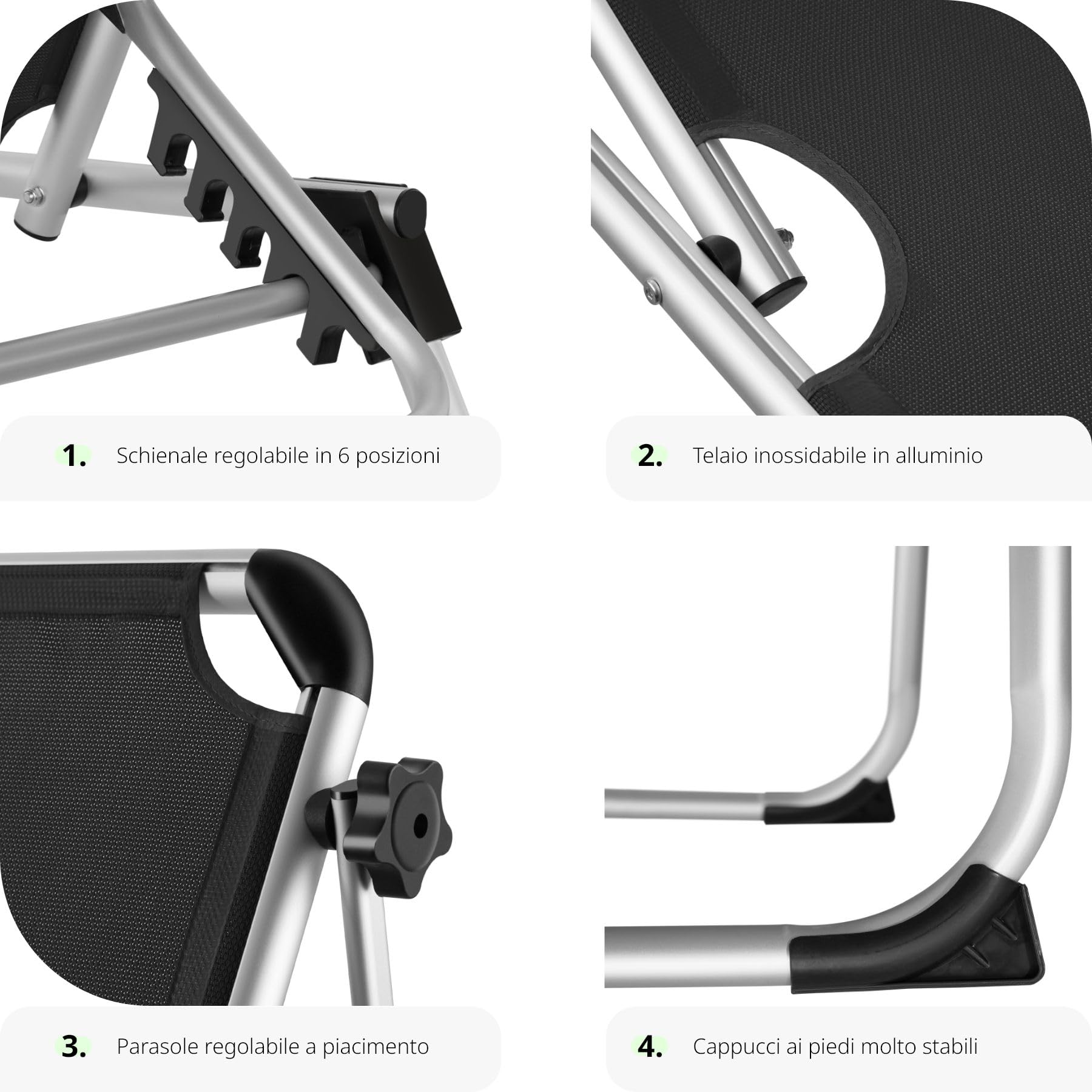 tectake® Sdraio da Spiaggia, Schienale Regolabile in 6 Posizioni, Parasole, Lettino Pieghevole e Trasportabile, Sdraio da giardino, Lettino Prendisole, Pratiche Maniglie (Nero)