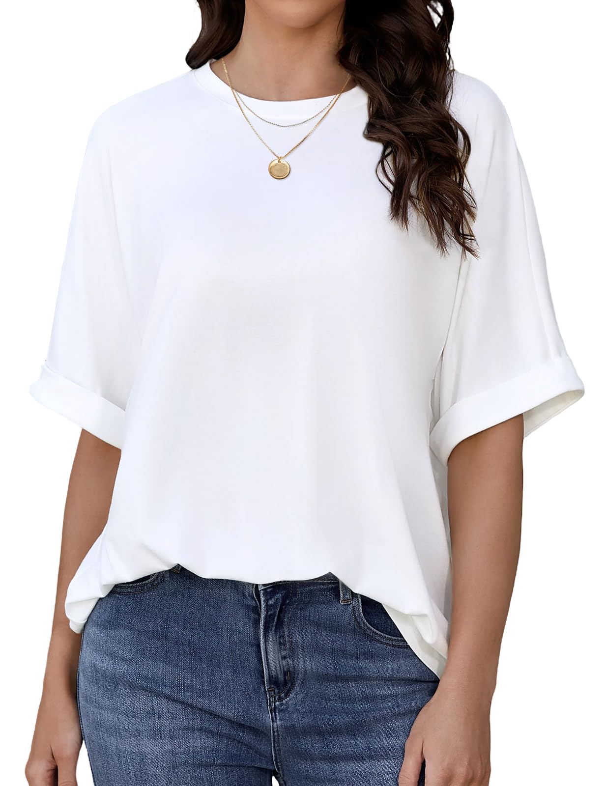Fashora Tshirt Damen Oversize T Shirt Damen Oberteile Sommer Rundhals Kurzarm Shirts mit Gekrempelten Ärmeln Casual Lockere T-Shirt Enfarbig Basic Tee Tops Tunika Bluse