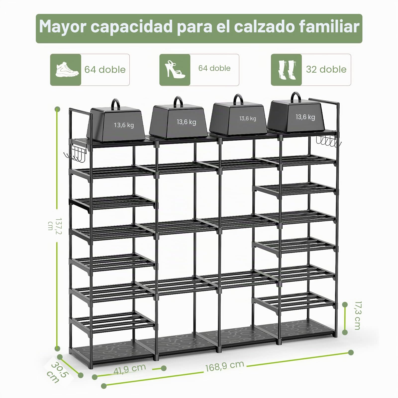 Kottwca Zapatero de Metal Grande, Zapatero de Entrada de 8 Niveles, Independiente con Capacidad para 62-66 Pares de Zapatos, Apilable para Dormitorio