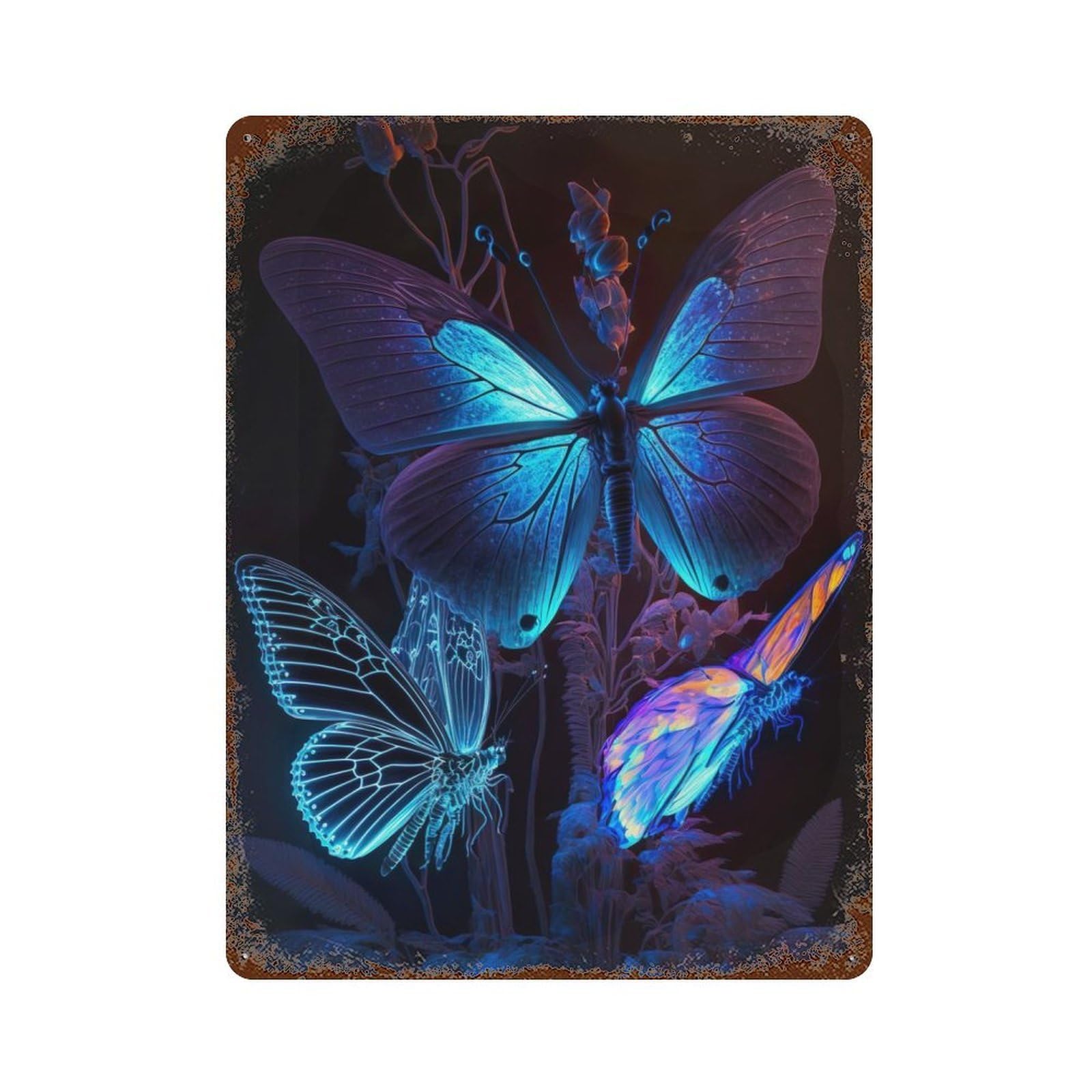 Vintage Rust Metal Sign with Bioluminescent Butterflies Design 15.7"x11.8", for Patio, Garden Room And Bar Decor, Old School Wall Decor