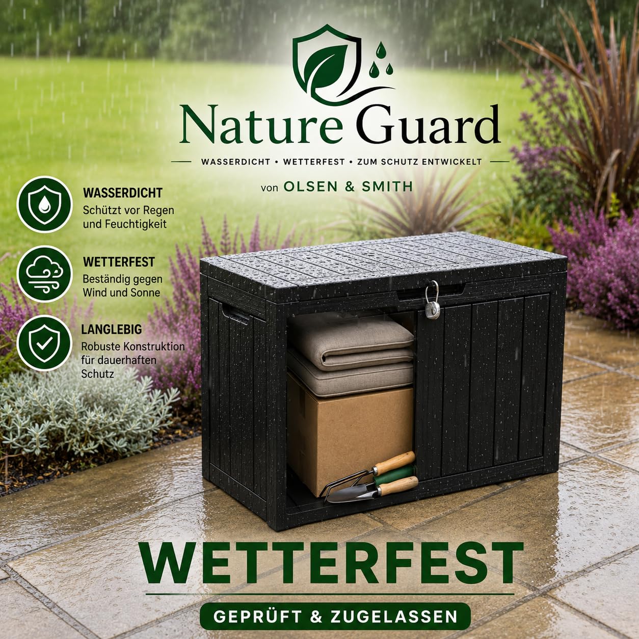 Olsen & Smith 170L Paketbox & Abschließbare Gartenbox mit Deckel | Wasserdicht & Wetterfest, Inkl. Vorhängeschloss, 100 % Recycelt, Für Pakete & Auflagen, Kissenbox, Draußen, Balkon & Terrasse