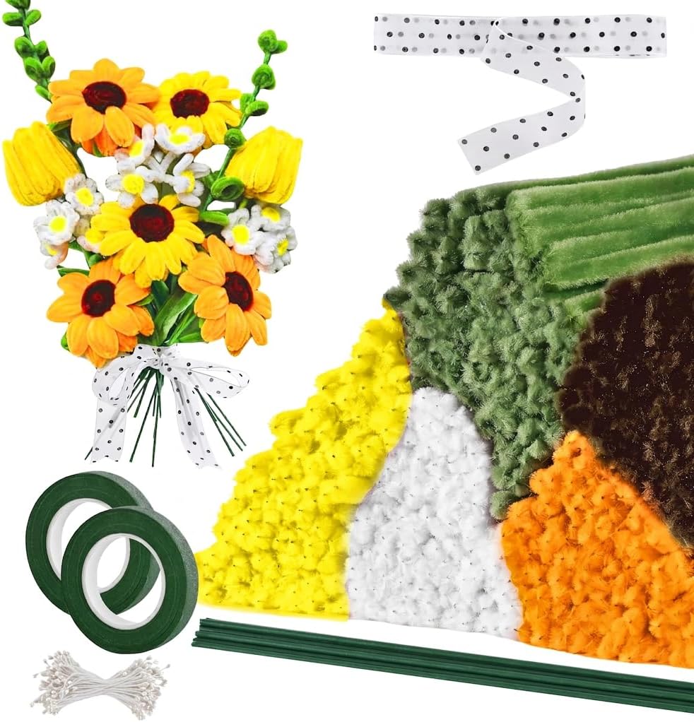 400 Pieces Chenille Stems Pipe Cleaners Craft Kit - Durable Yellow Pipe Cleaners for Crafts & Flowers, Complete DIY Pipe Cleaner Flower Kit for Kids, Ideal for School Projects & Gifts (Sunflower)