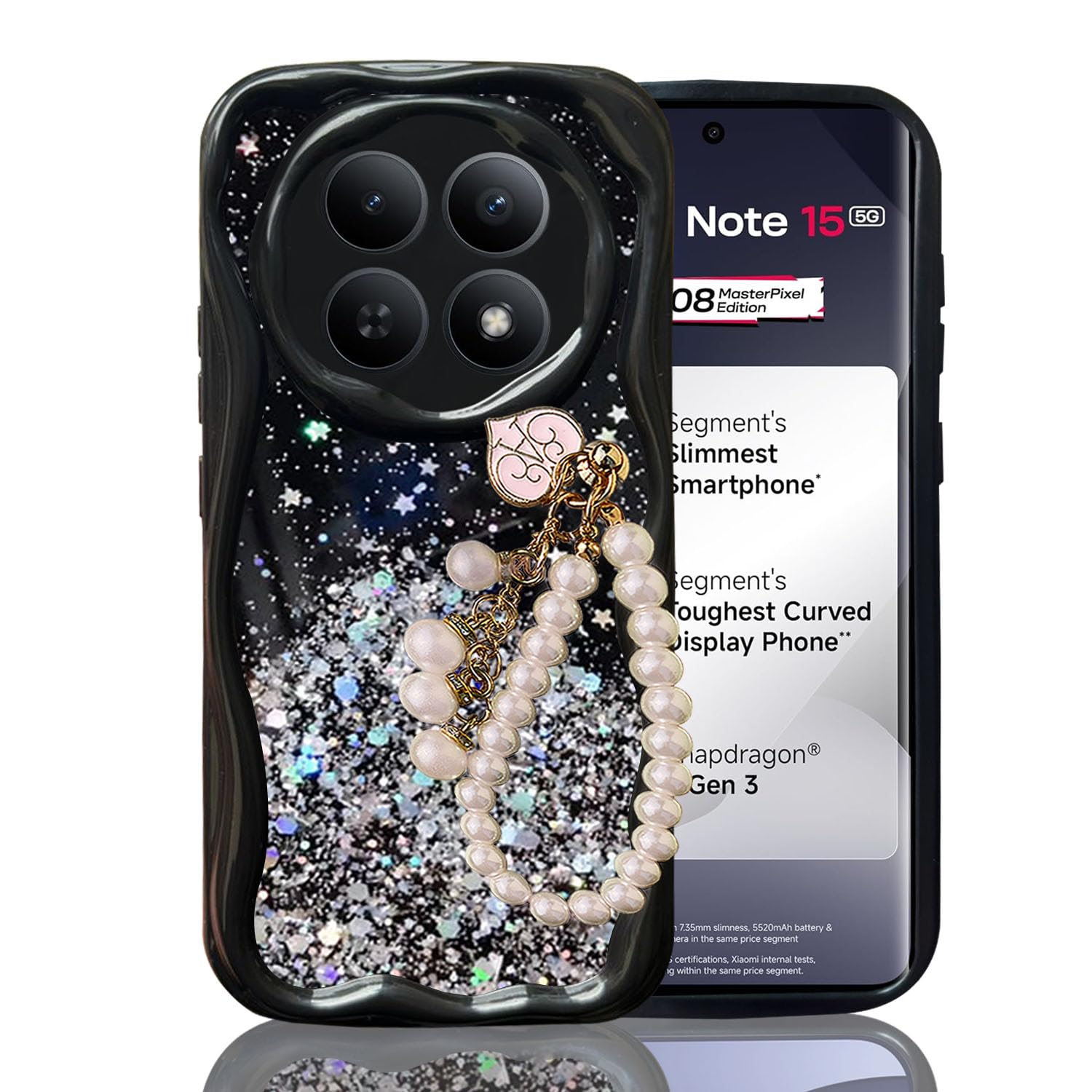 KC Back Cover for Redmi Note 15 5G / Poco M8 5G - 3D New Curly Wave Dry Fixed Starry Glitter Pearl Wrist Hanging Chain Shockproof Soft Silicone Camera Protection Case (Black)-image-31