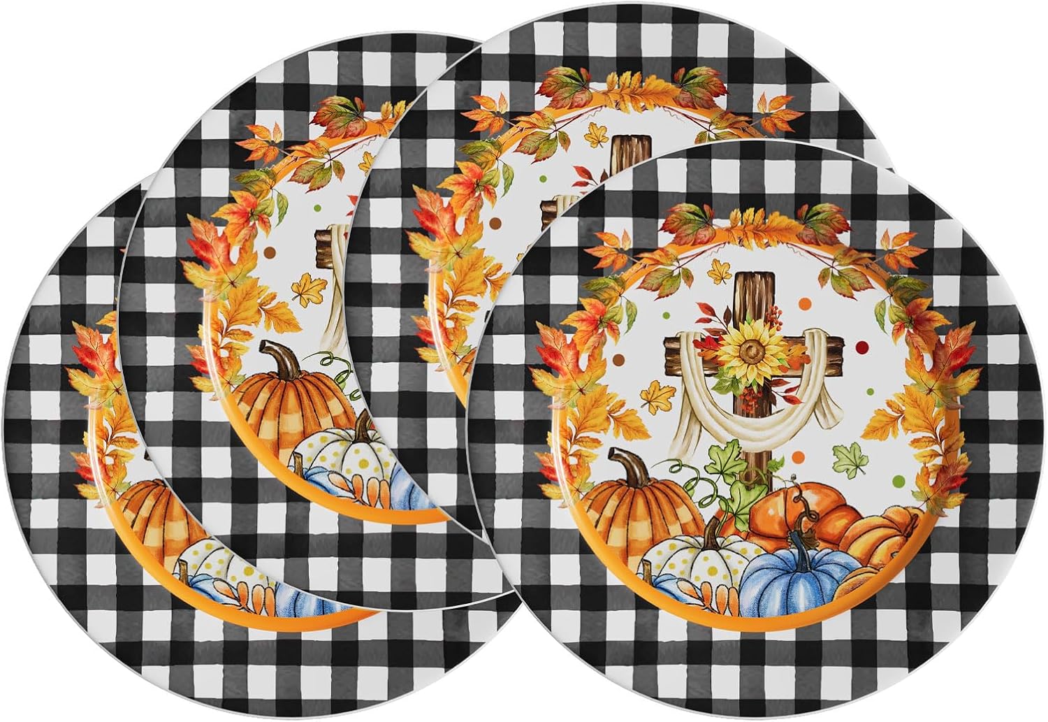 VJF Fall Ceramic Dinner Plates 10.5 Inch Set of 4 Round Cross Pumpkin Thanksgiving Holiday Stackable Porcelain Plates Microwave & Dishwasher Safe for Holiday Party Family Feast Autumn Decor