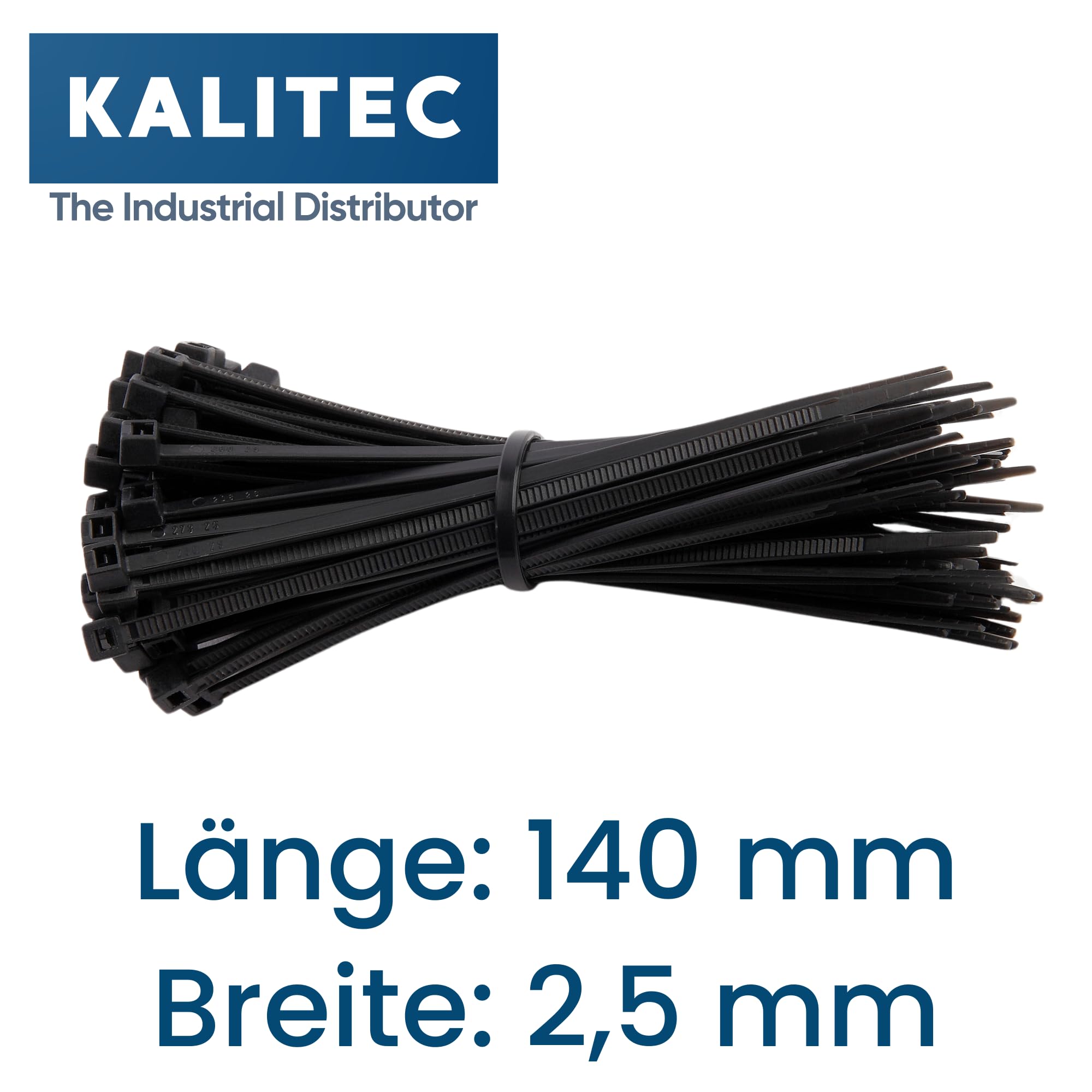 Pack of 100 Kalitec Cable Ties, Black, 140 mm x 2.5 mm, Cable Ties, UV-Resistant, Black Cable Ties, Cable Tie Set, Black, 140 mm Long Cable Ties, 8 kg Tensile Strength - Image 2
