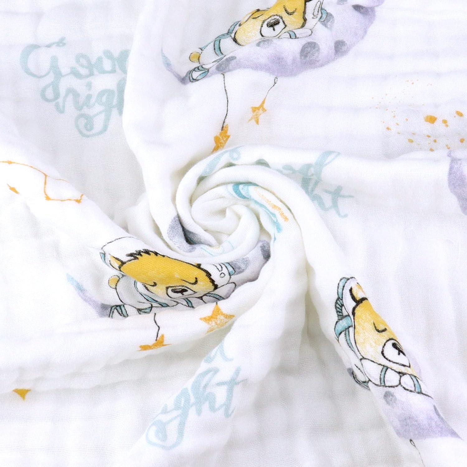Tickle Tums Premium Muslin Baby Blanket - 100% Cotton 6 Layer Super Soft for Kids, Infants, Newborns - Teddy Bear on The Moon Theme - 110cm x 110cm - 0-4 Years 4
