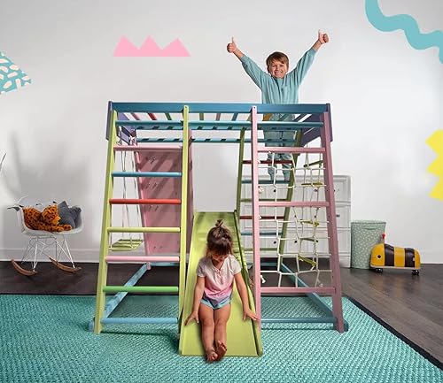 Miniatura 5 de Avenlur Zona de juegos para interiores, gimnasio de la selva para niños, juego de madera para escaladores 6 en 1, tobogán de escalada en roca,
