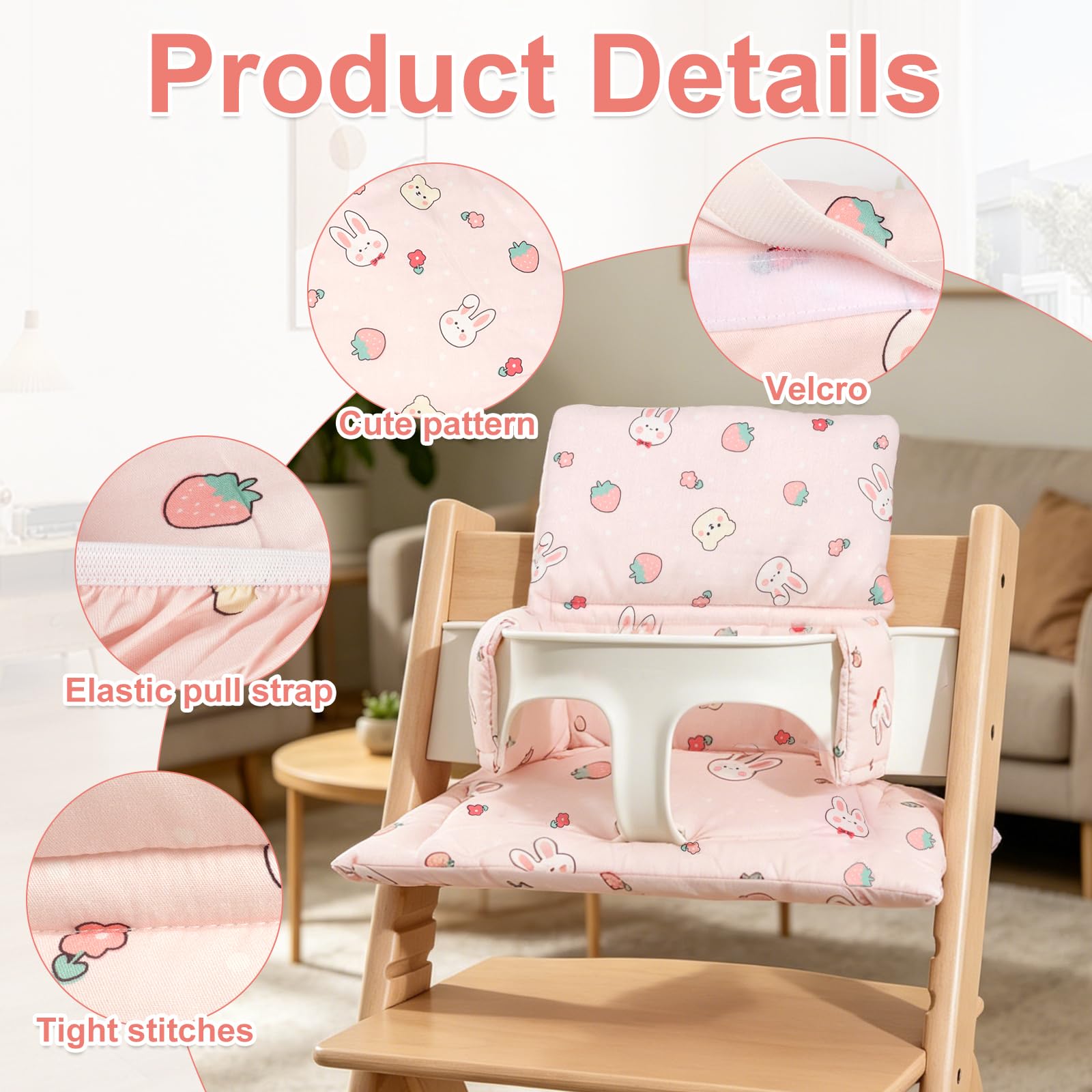 Cuscino per Seggiolone Stokke Tripp Trapp, Imbottitura Spessa in Cotone Naturale, Tessuto Impermeabile e Traspirante, Grazioso Motivo Lapino e Fragole, Confezionato Sottovuoto