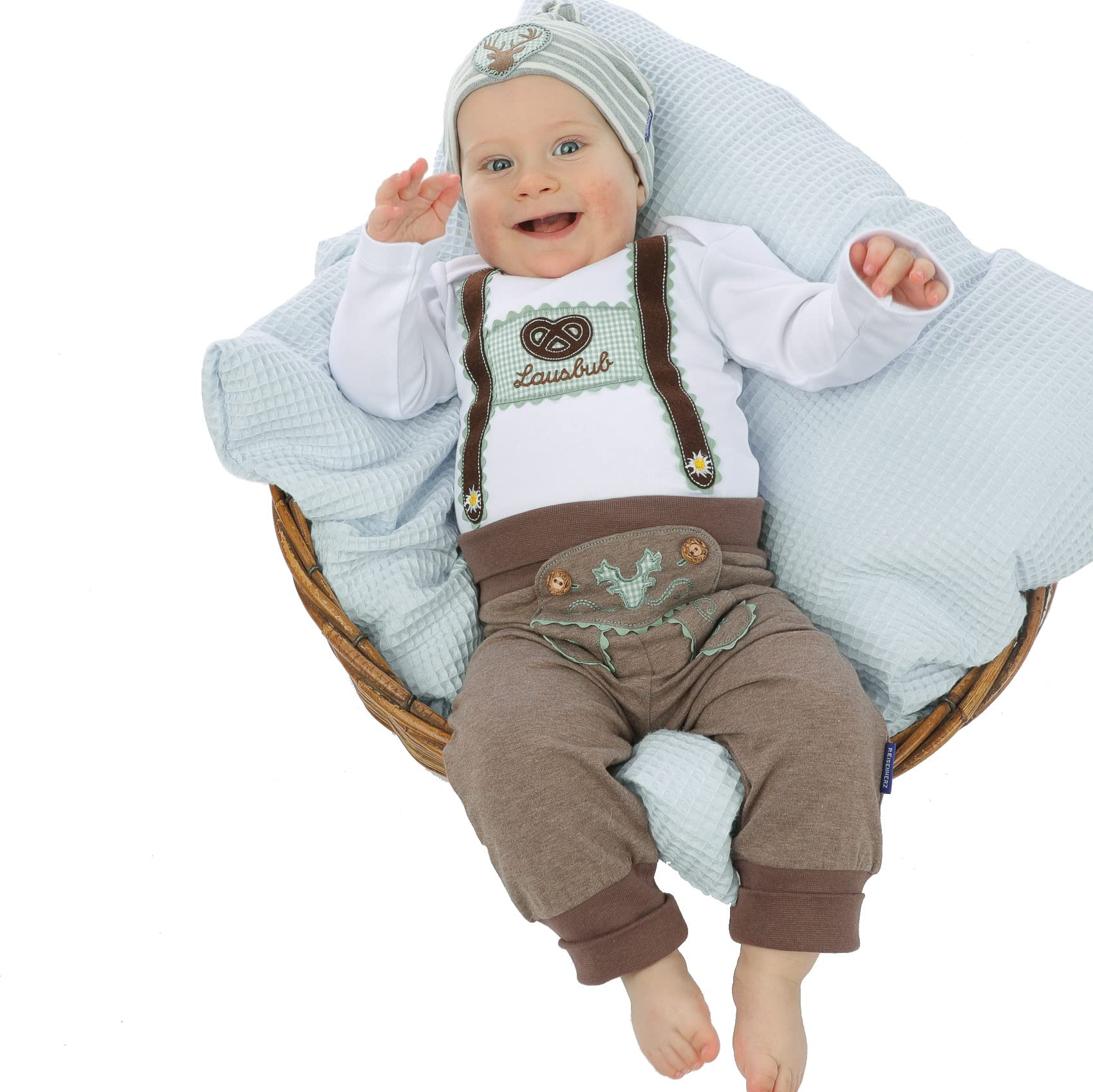 Trachten Set für Lausbuben im Geschenkkarton: Baby Body mit kurzem Arm und Applikation Hosenträger und Baby Jogginghose Lederhosen Look, braun/grün