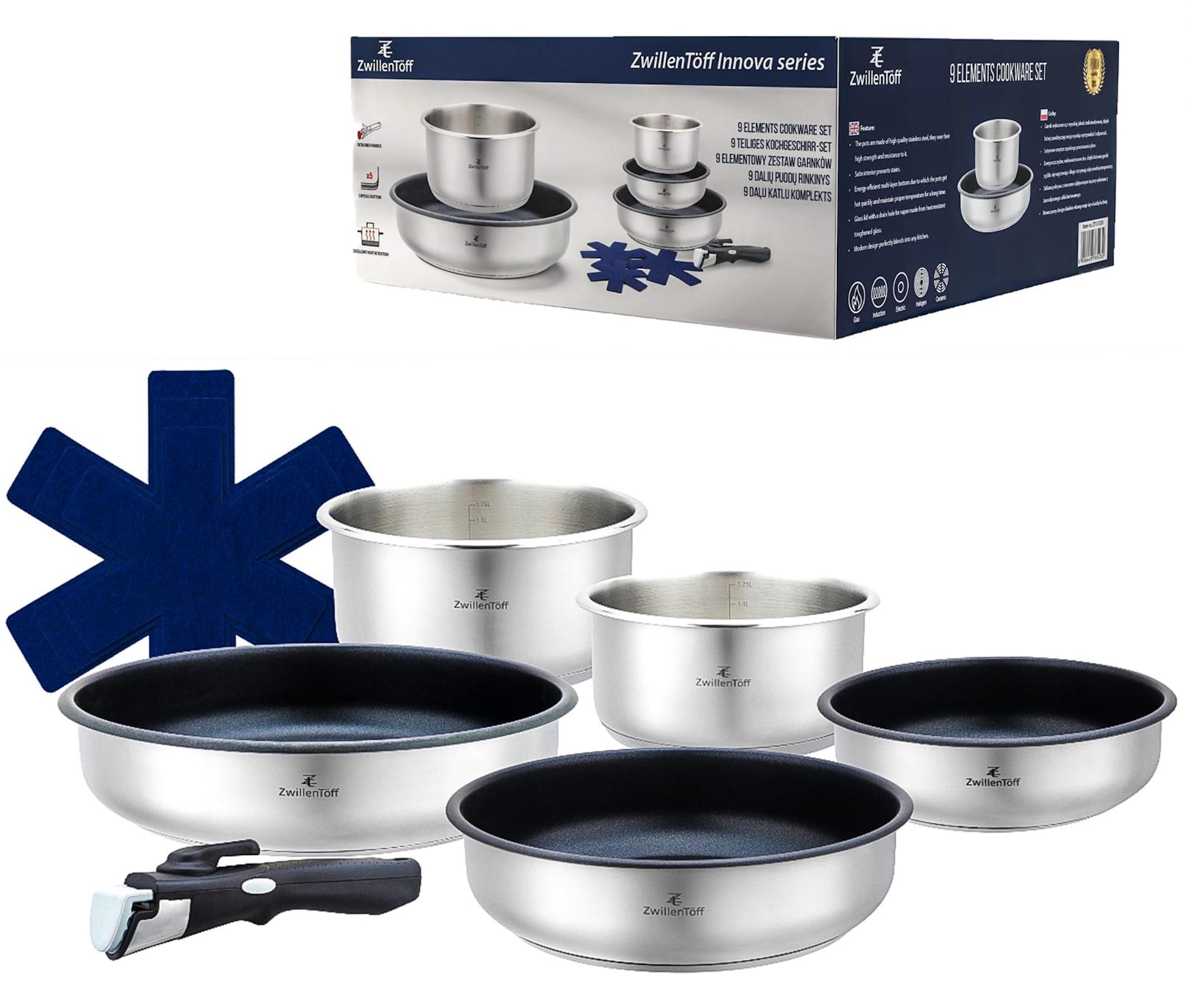 Töpfe und Pfannen Set - Topfset 9-teilig - Edelstahl - mit mit abnehmbarem Griff - für alle Herdarten - Silber