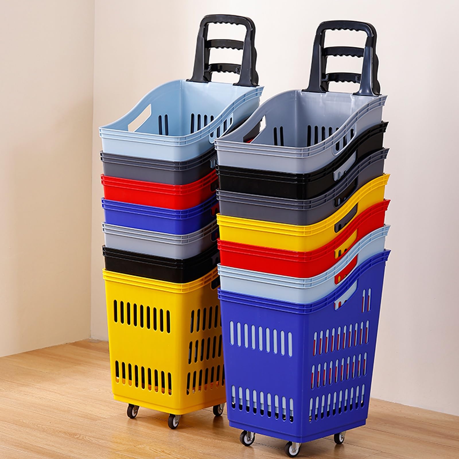 Carrello per la spesa portatile con ruote, colore azzurro, versatile per mercati, negozi di alimentari e frutta | Design in plastica facile da manovrare