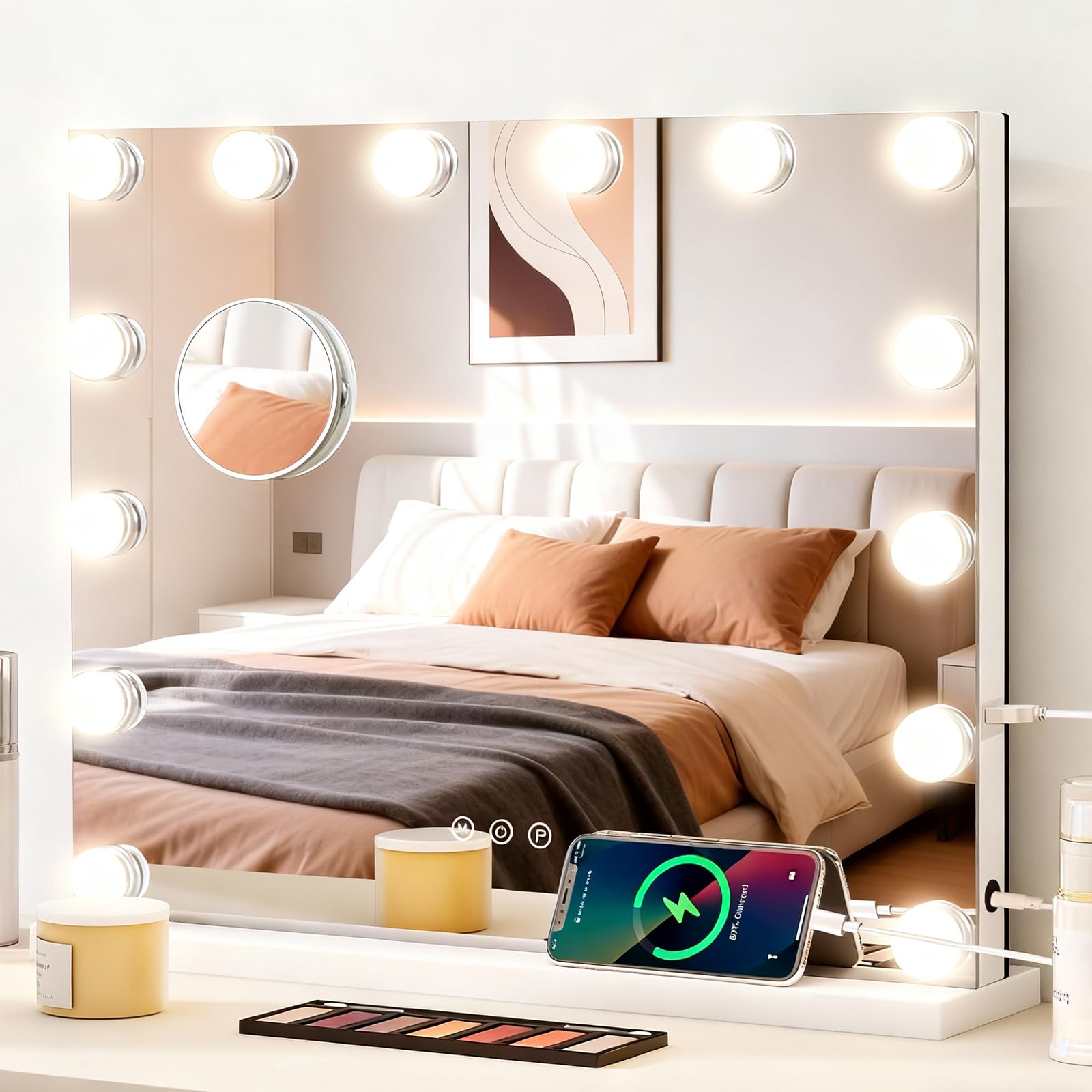 eklipt Schminkspiegel mit Beleuchtung 50x42cm Hollywood Spiegel mit Beleuchtung Kosmetikspiegel 14 LED Licht 3 Lichtfarben mit USB 10X Vergrößerung Touch Control Tischplatte & Wandhalterung