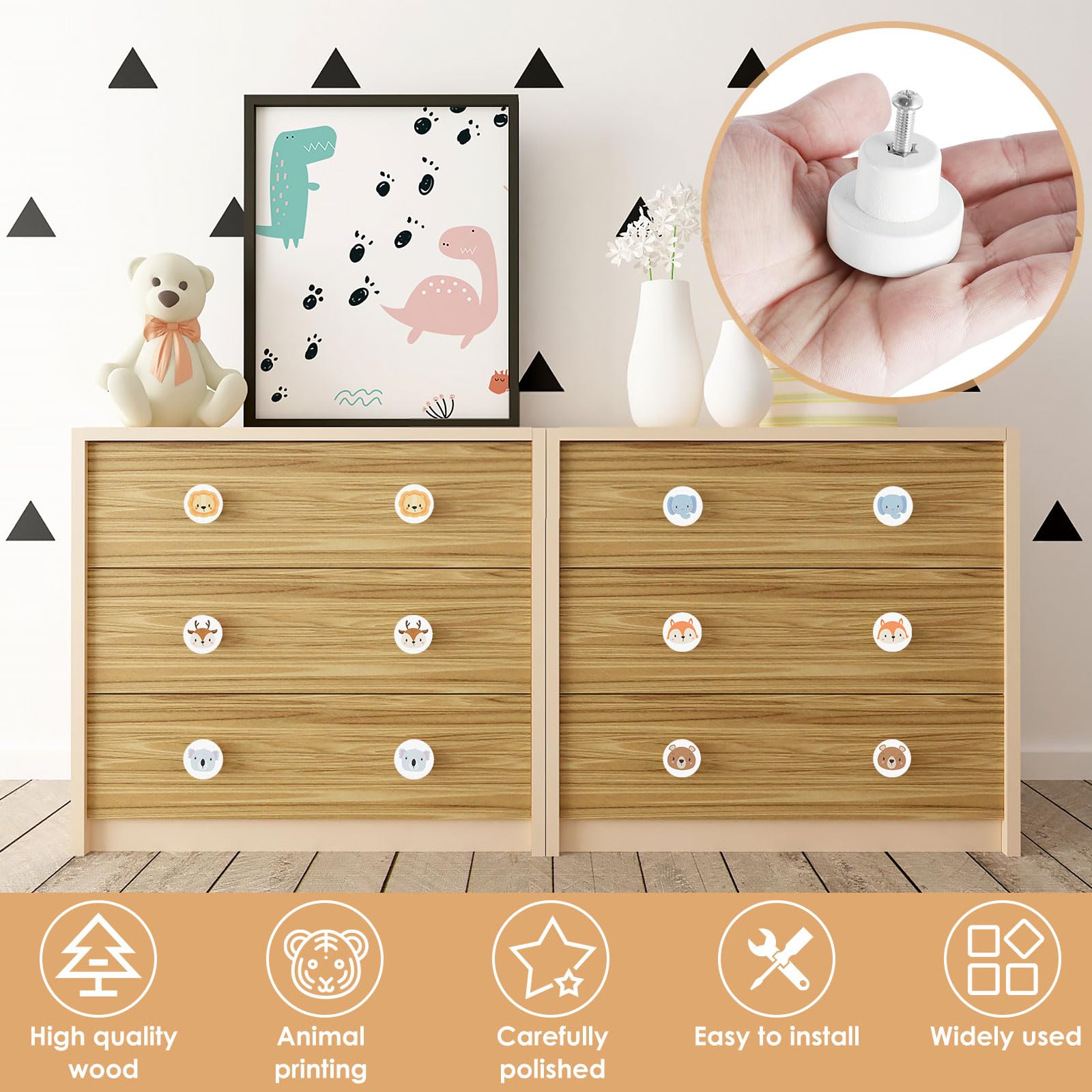 6PCS Cute Animals Wooden Drawer Knobs with Round Screws - Cabinet & Closet Dresser Handles for Kids Room Furniture - Image 2