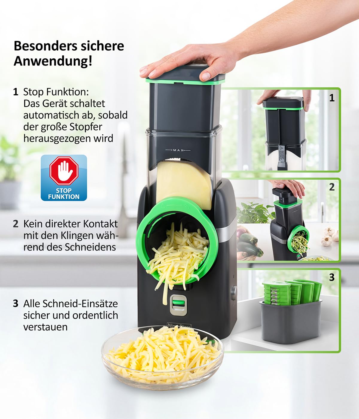 Genius Nicer Dicer Electro + Kontaktgrill Set 38-tlg. Elektrischer Gemüseschneider für Obst, Gemüse & Nüsse inkl. Elektrogrill mit abnehmbaren Antihaft-Grillplatten für Sandwiches & Steak