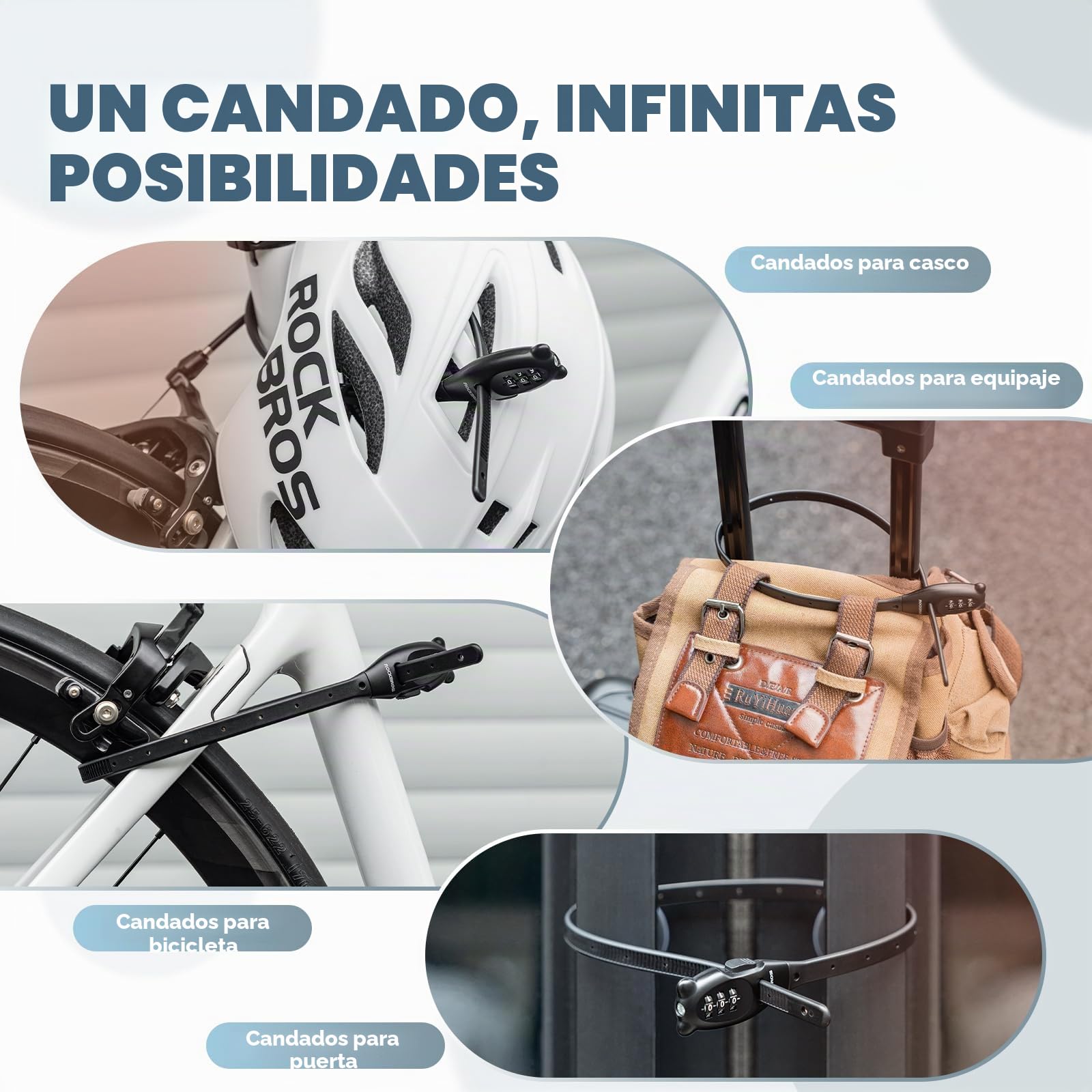 ROCKBROS Candado de Combinación con 3 Dígitos para Casco Moto, 32/54cm Candado de Cable Pequeño y Portátil para Bicicletas Cochecitos Maletas | Seguro y ligero, ideal para cascos de bicicleta, equipaje, puertas, motos, MTB, Scooter, patinete