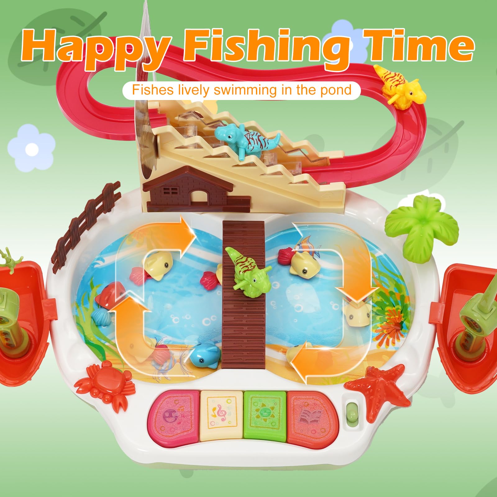 Juguete de pesca multifuncional 2 en 1, juego de pesca para subir escaleras con pista deslizante, 2 cañas de pescar, para niños y niñas