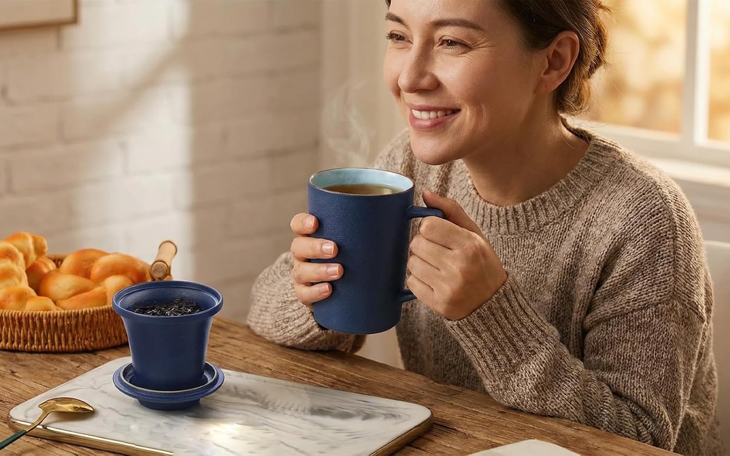 15 OZ Porcelain Tea Infuser Cup with Lid,Ceramic Tea Mug with All-Porcelain Strainer for Loose Leaf Teas,Microwave and Dishwasher Safe Tea Mug,Metal-Free,BPA-Free for Tea-Lover/Valentine's Day (Black) - Image 6