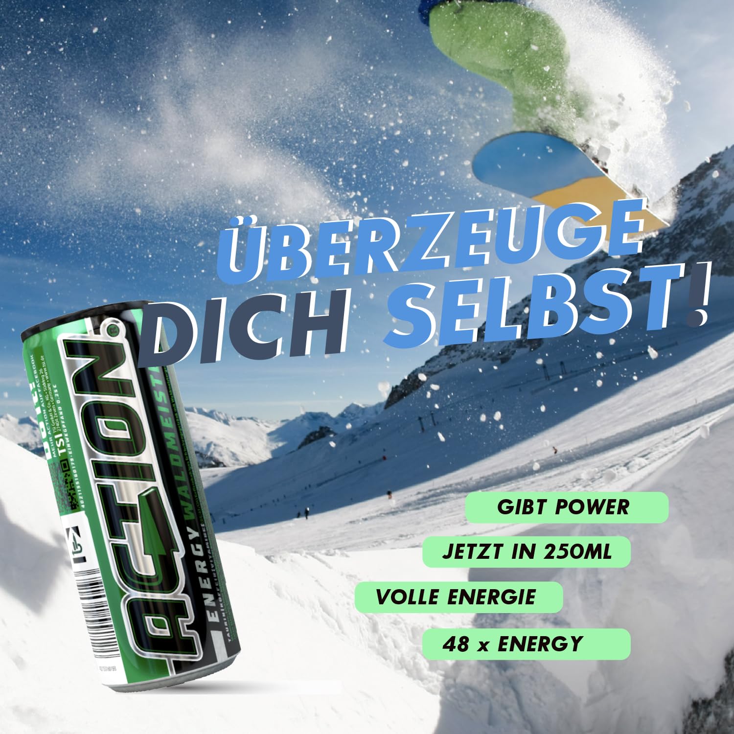 ACT!ON Action Energy Drink Waldmeister (48 x 250 ml) incluye depósito – Refresco con sabor a madera – patata energética con mayor contenido de cafeína 32 mg/100 ml de cafeína para mejorar el enfoque