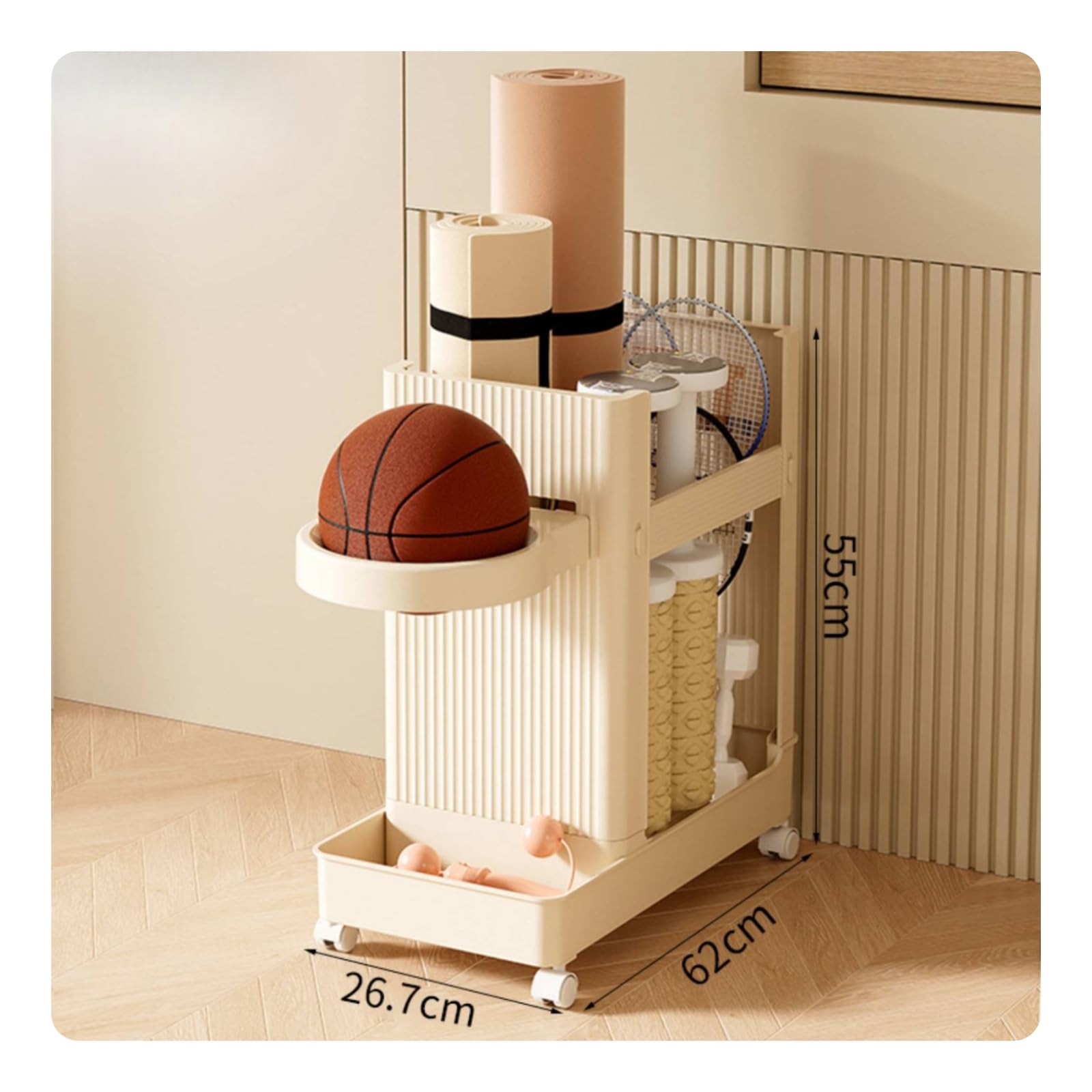 Sportgeräte Wagen Sport Aufbewahrungswagen Ballständer Regal Organizer Mobil mit Rollen aus Material für Heimfitness Garage Wohnzimmer, Engelweiß
