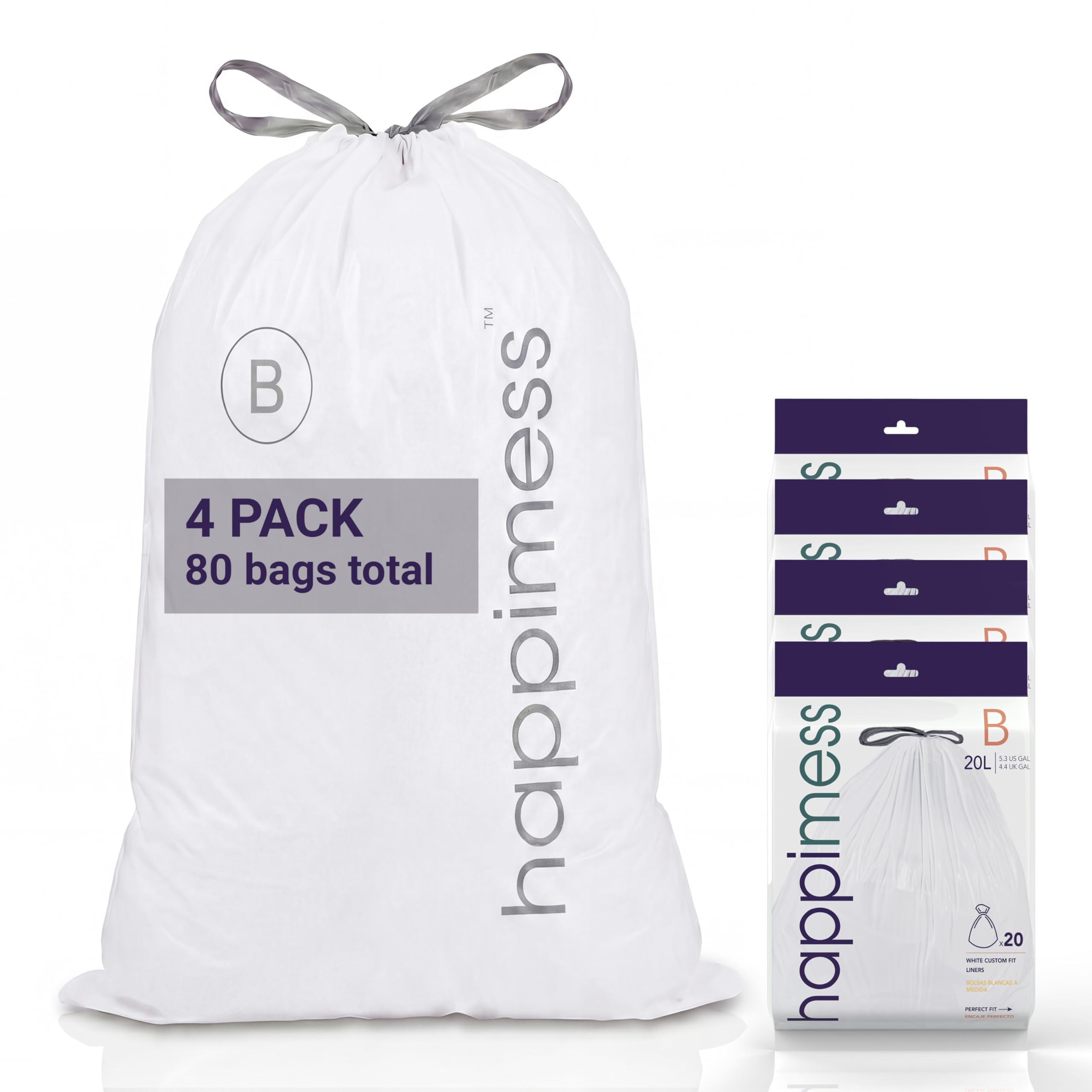 happimess White / 80 Count (Pack of 1) / 5.3 gallons Trash Bags