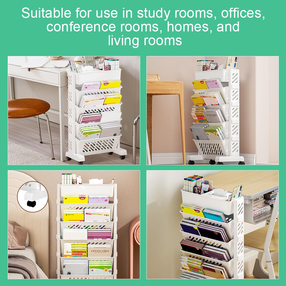 LANSKYLAN Chariot à roulettes Plastique, Chariot Bibliothèque Mobile, Desserte Roulante à 5 Niveaux, Étagère Rangement Roulette Blanche, Chariot à Livres Gain de Place, pour Chambre Bureau Cuisine