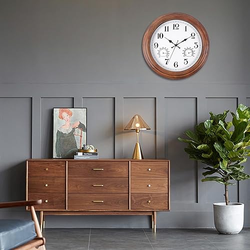 Miniatura 6 de Reloj de pared de madera de 13.5 pulgadas con temperatura y humedad, relojes de pared de madera retro, movimiento de barrido grande, reloj de pared