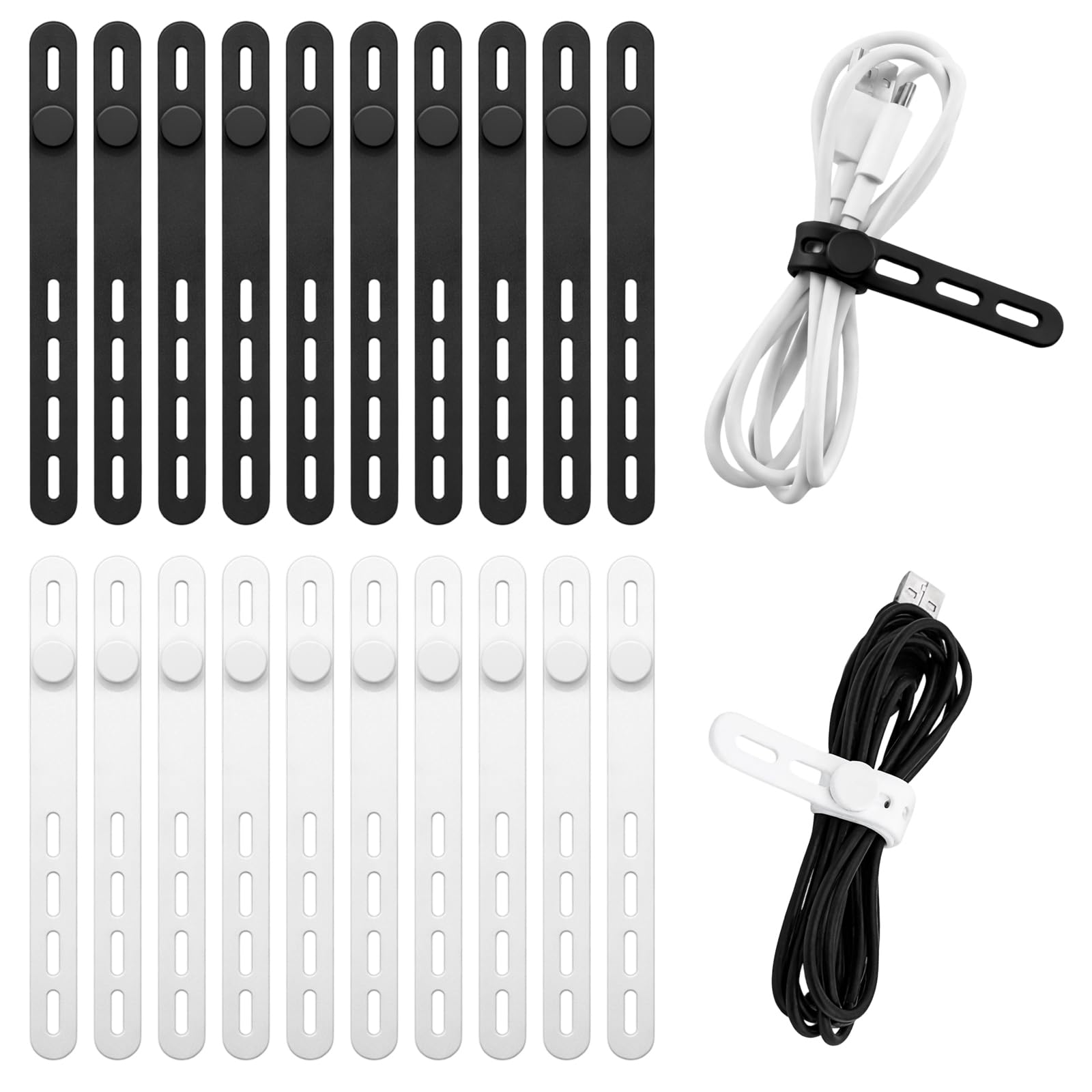 20 Pack Silicone Cable Ties – Adjustable Rubber Cable Ties for Headphone, USB, Laptop Cord, Black & White Management Straps