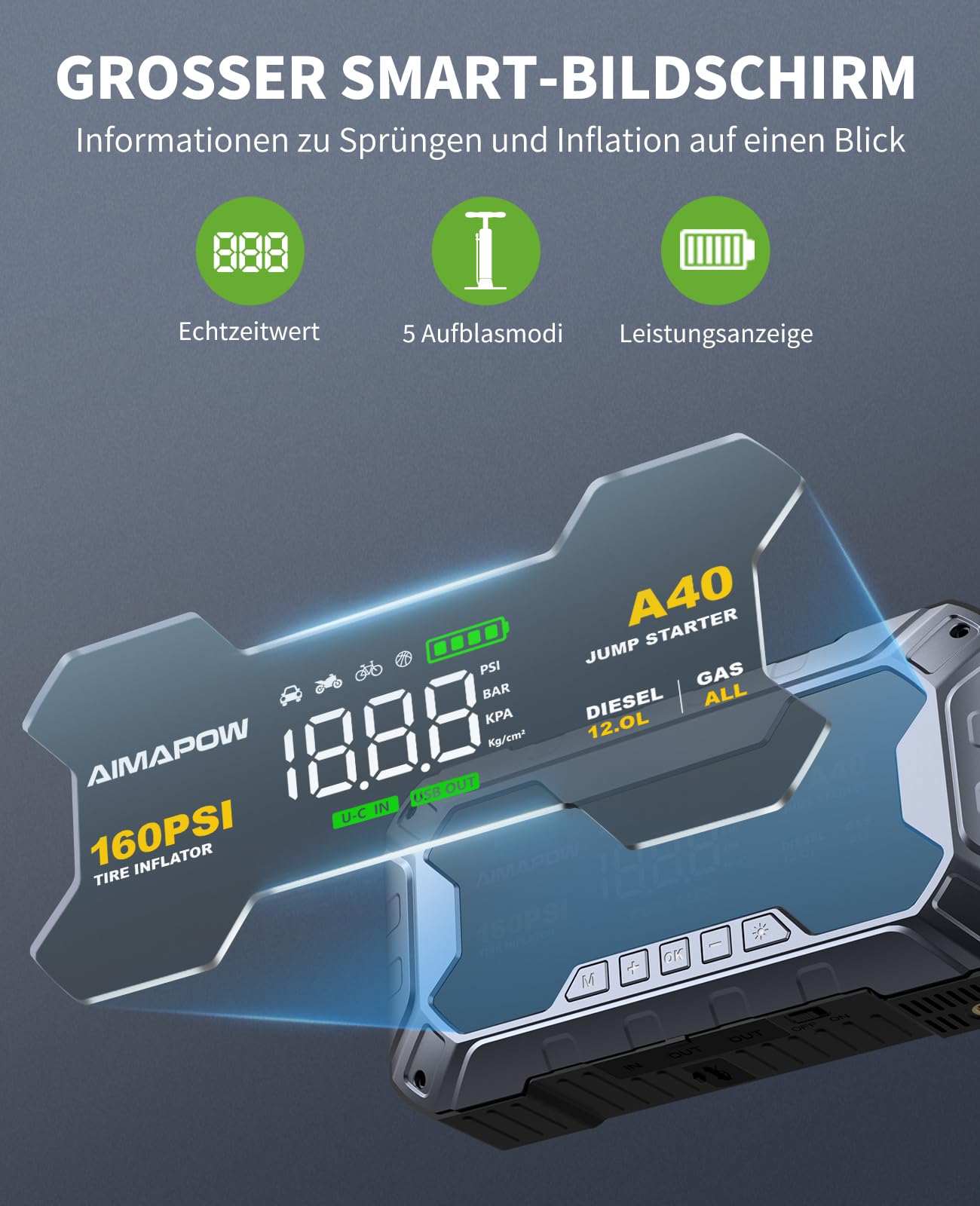 AIMAPOW Starthilfe Powerbank für Pkw mit Kompressor 8000A 160PSI Auto Starthilfe Powerbank für All Benzin und 12.0L Dieselmotor,Starter Powerbank Eingang/Ausgang und 600LUM LED-Licht
