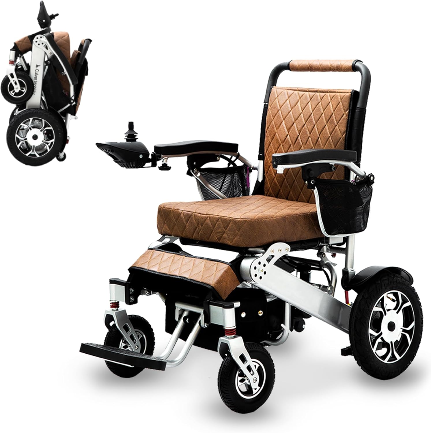 Alton Wolf Brown Leather Lightweight Foldable Electric Wheelchair, 2x250w Motor Electric Wheelchairs for Adults - Travel/user Friendly Electric Wheelchairs for Seniors, Long Range Motorized Wheelchair : Health & Household