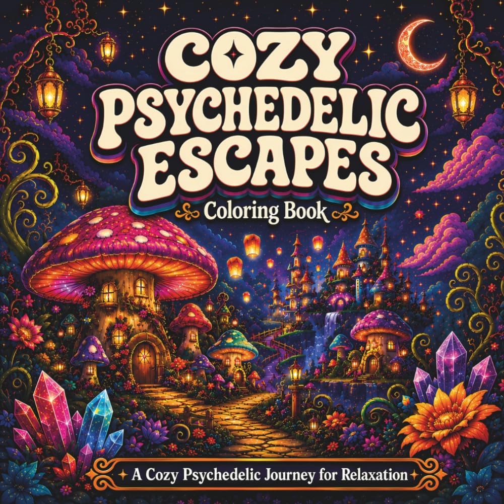 Cozy Psychedelic Escapes: Coloring Book for Adults and Teens with Magical Mushrooms, Dreamy Worlds, and Stress Relief Fantasy Scenes