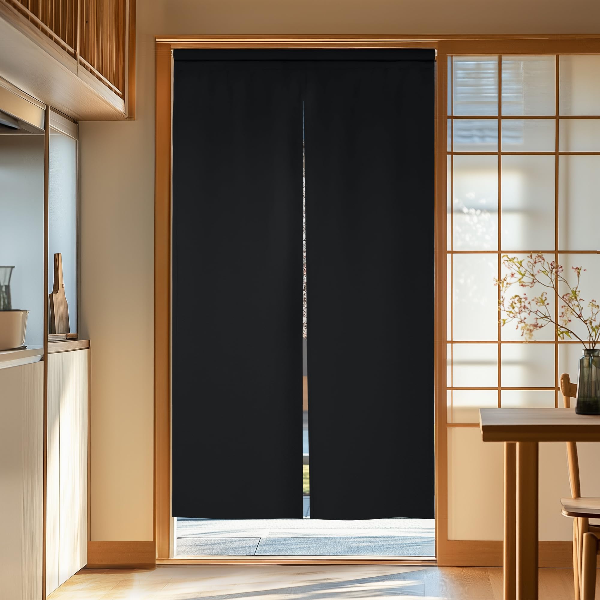 Blackout Noren Doorway Curtain, Solid Black