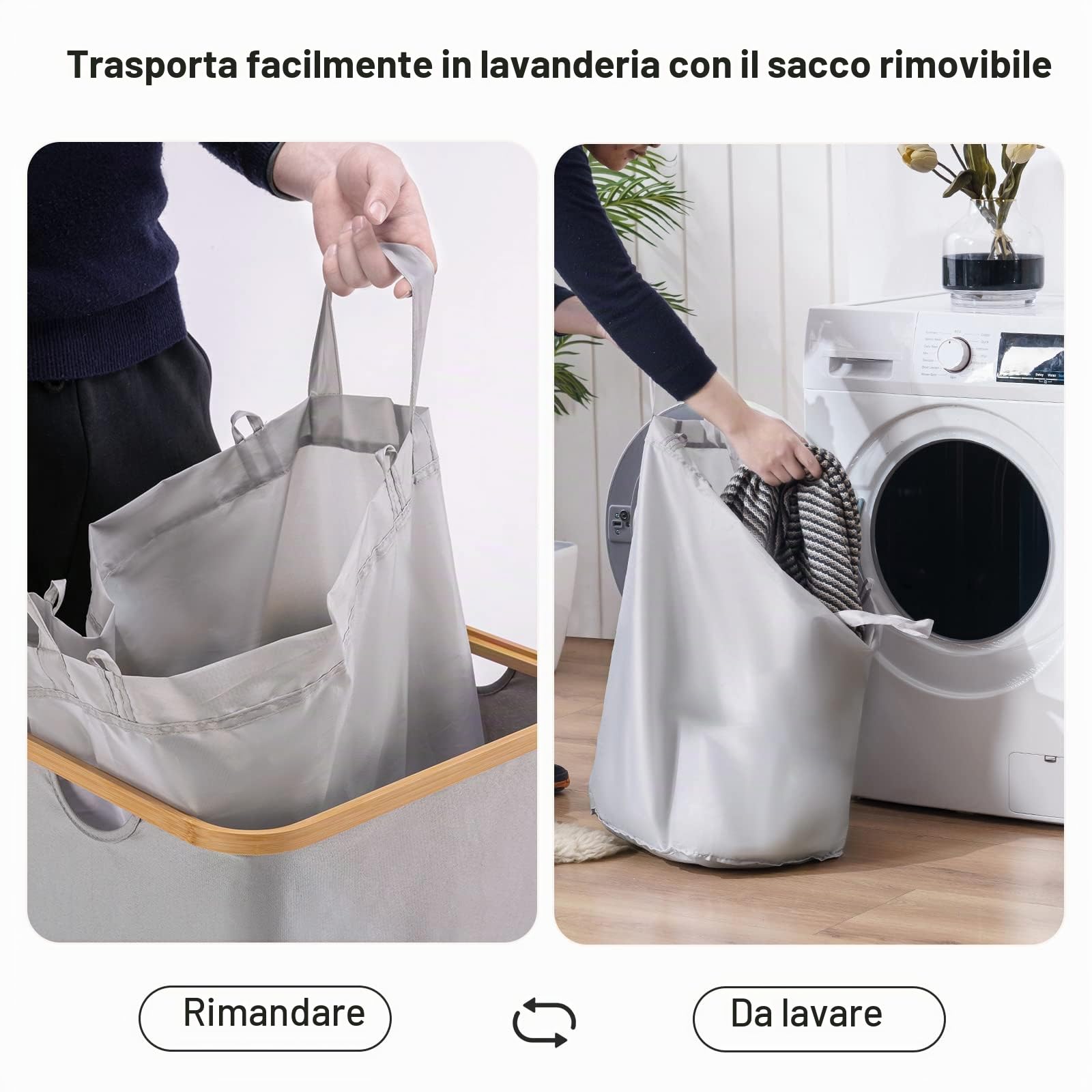 YOUDENOVA - Cesto portabiancheria con coperchio, 85 l, stretto, con sacco grande per la biancheria, pieghevole, in legno di bambù, grigio
