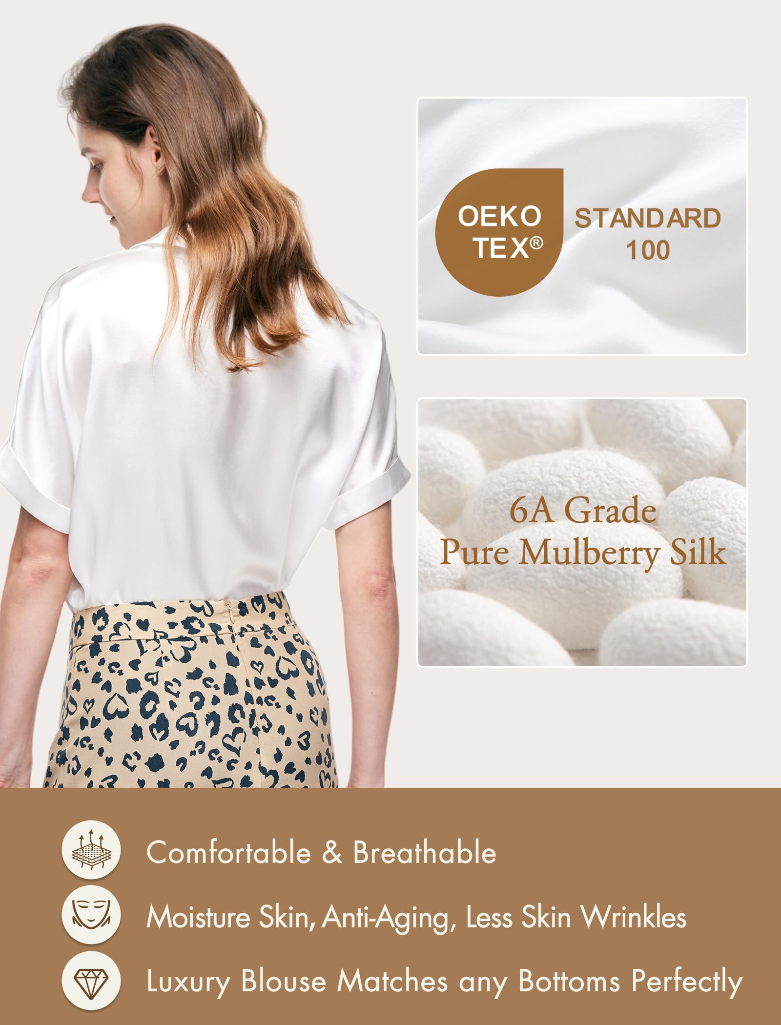 Seidenbluse für Frauen Button Down Hemden: Elegantes Kurzarmhemd für Damen 100% Reine Seide lässig Sommeroberteile Luxusblusen