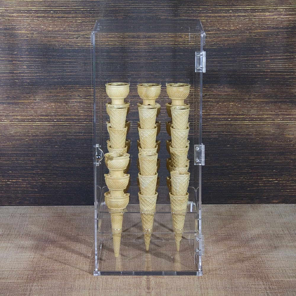 Portaconi gelato in plexiglass trasparente a 9 fori con sportello frontale - Misure: 24x23x H47 cm