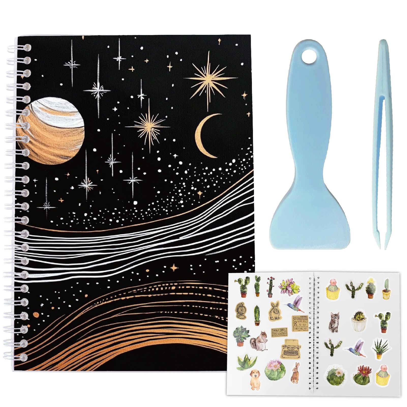 CRASPIRE 40 Sheets Reusable Sticker Book Sticker Holder Album A5 Release Paper Waterproof Planets Star Moon Blank Storage Collecting Organizer with Scraper and Tweezer for Labels Collection Supplies